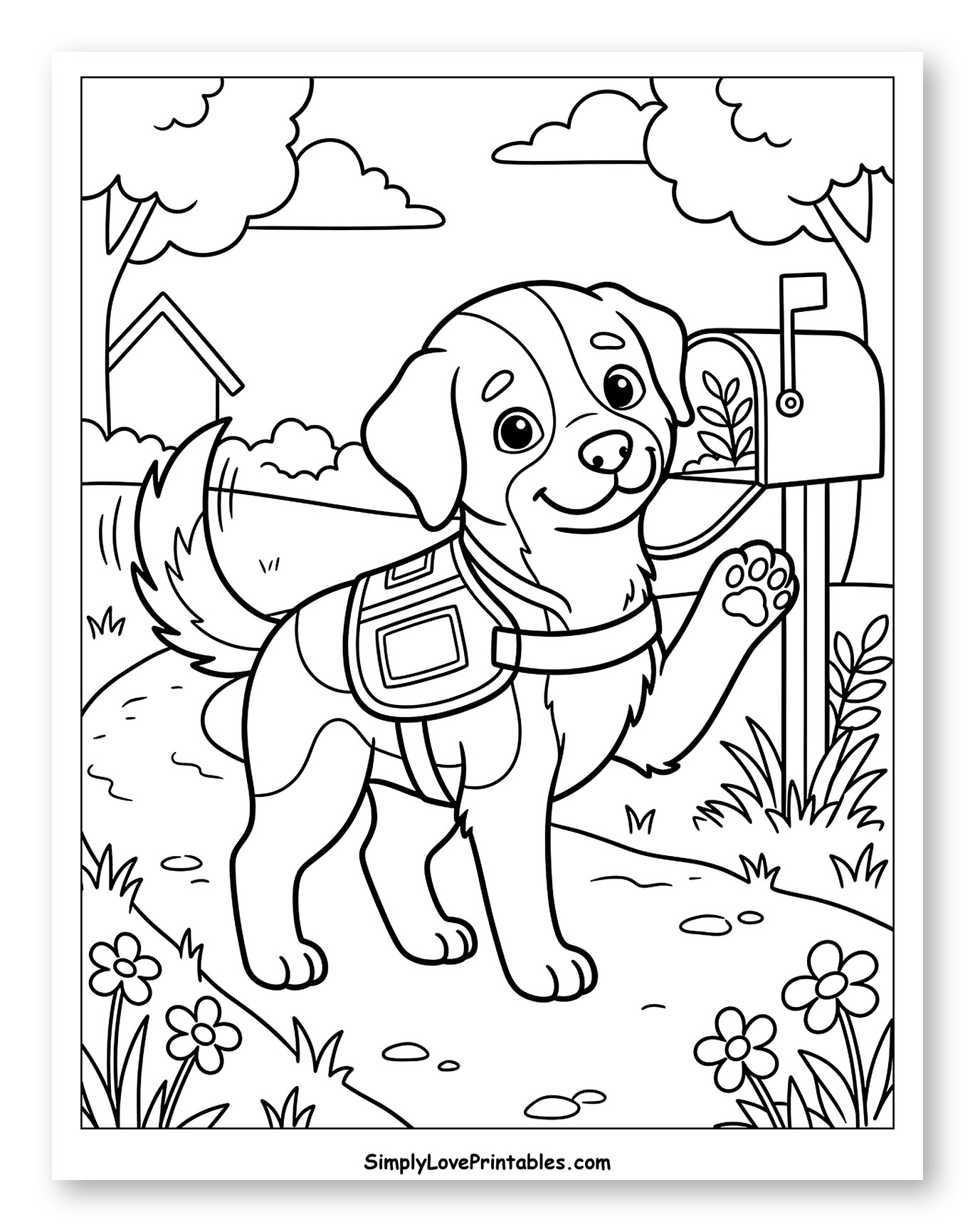 Cute Service Dog Waving by Mailbox Coloring Page for Kids