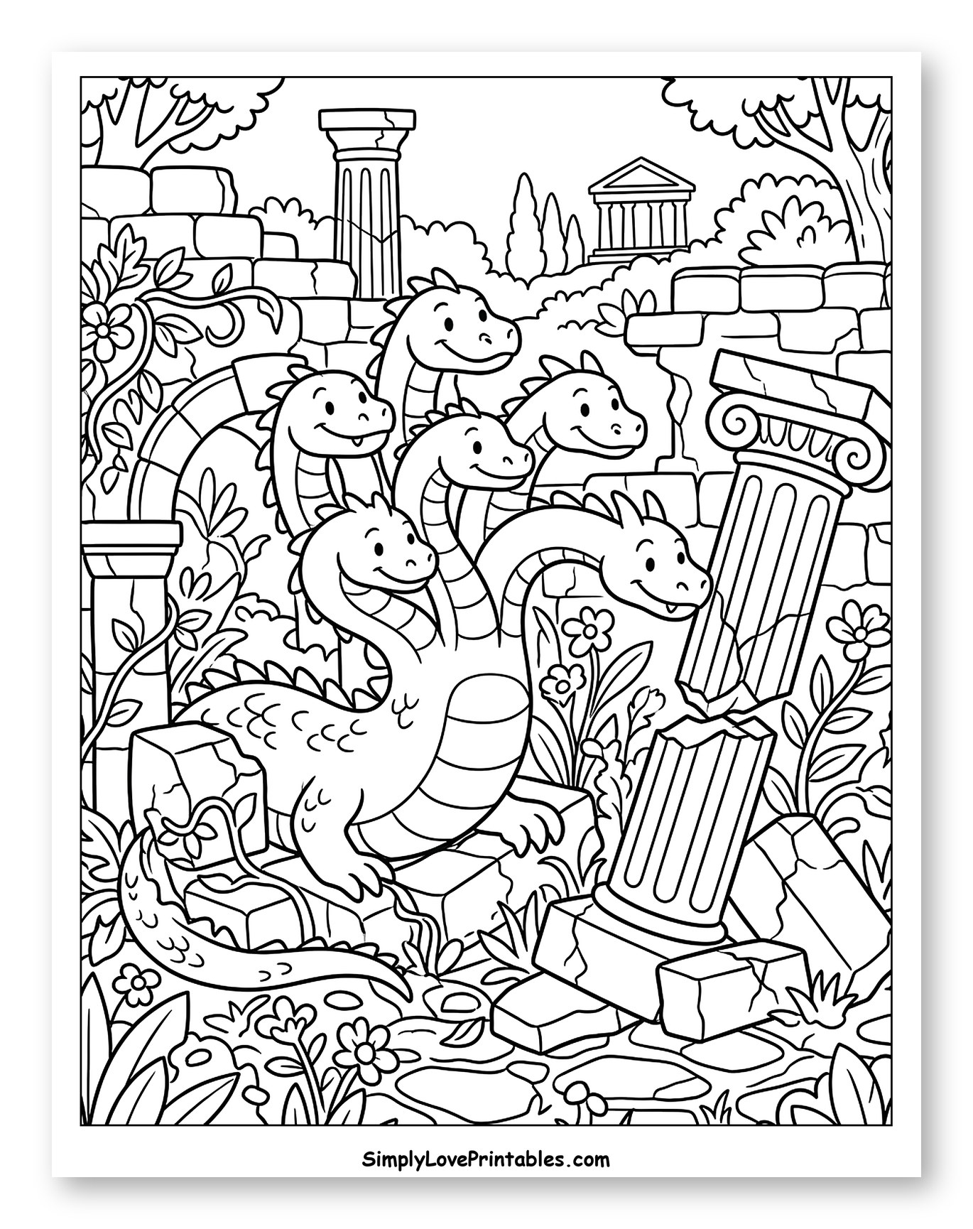 Cute Seven-Headed Hydra in Ancient Ruins