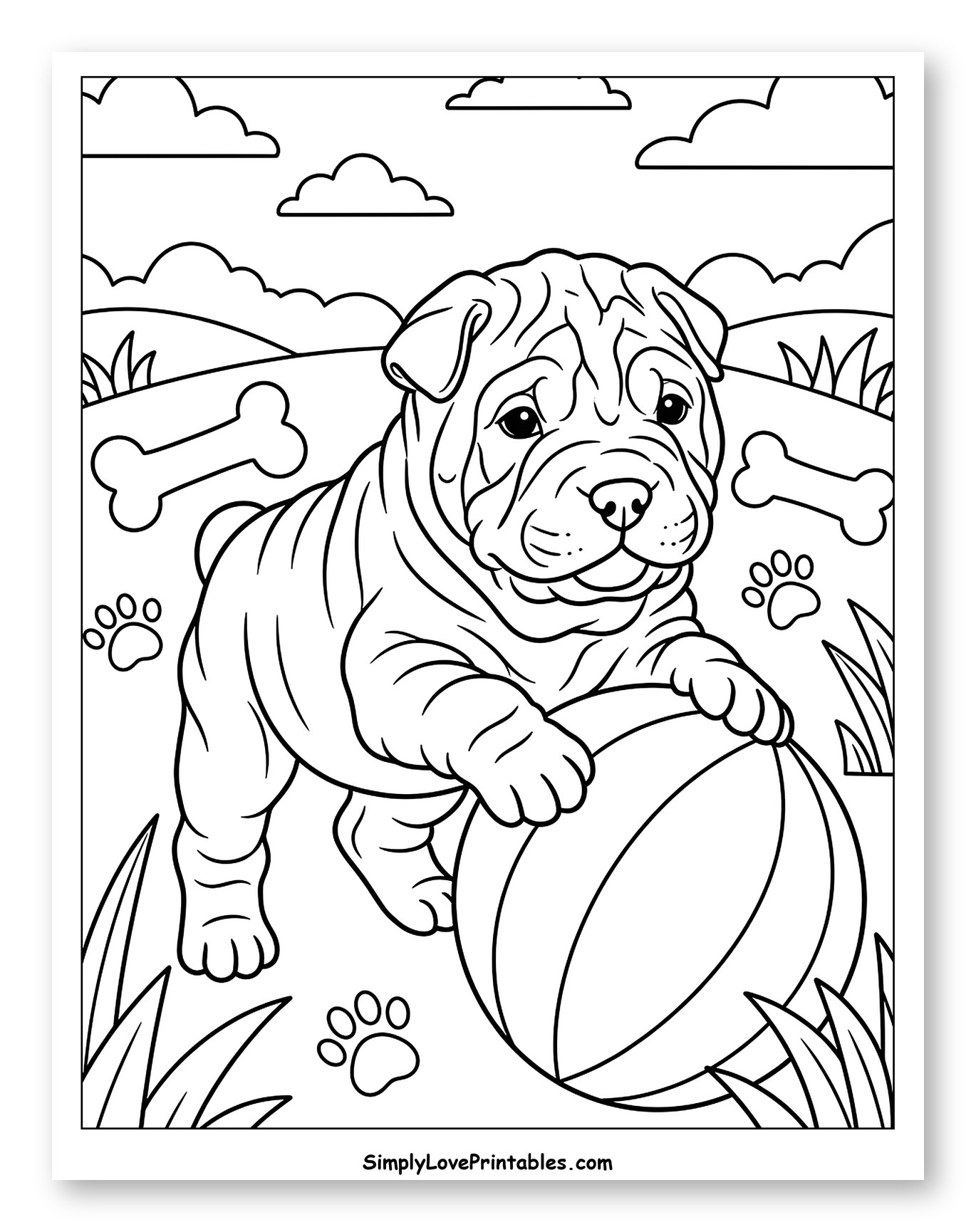 Cute Shar Pei Puppy Playing with a Ball Coloring Page for Kids