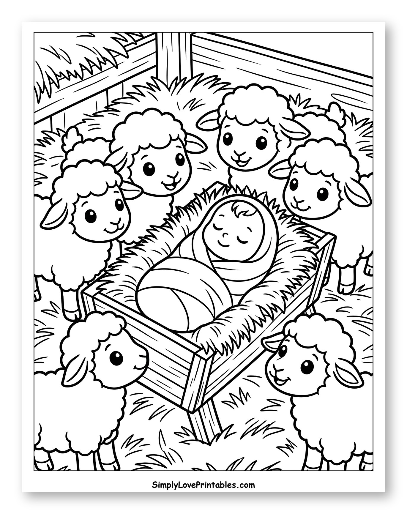Cute Sheep Adoring Baby Jesus in Manger