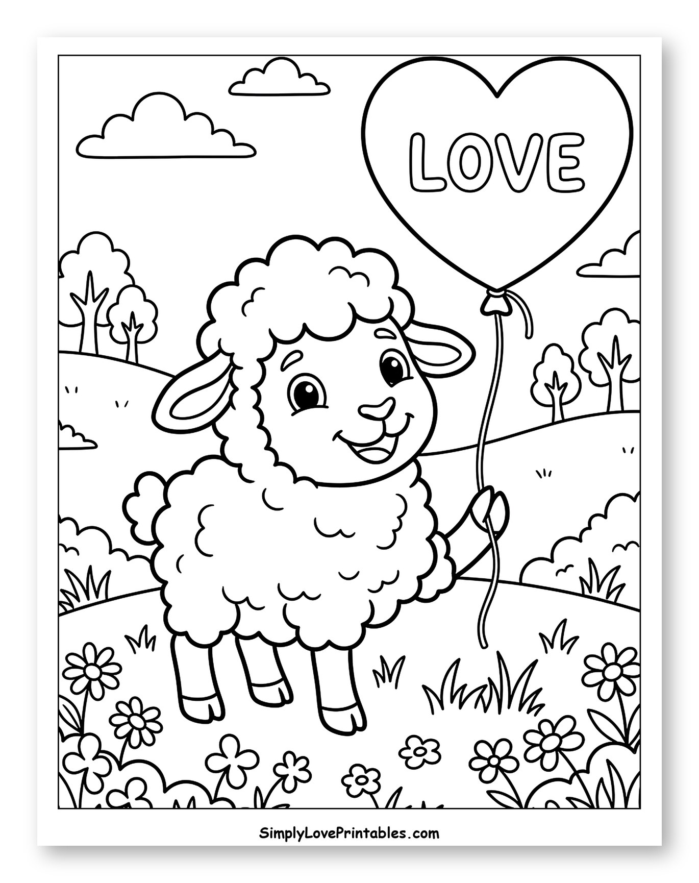 Cute Sheep Holding Love Balloon in Field Coloring Page for Kids