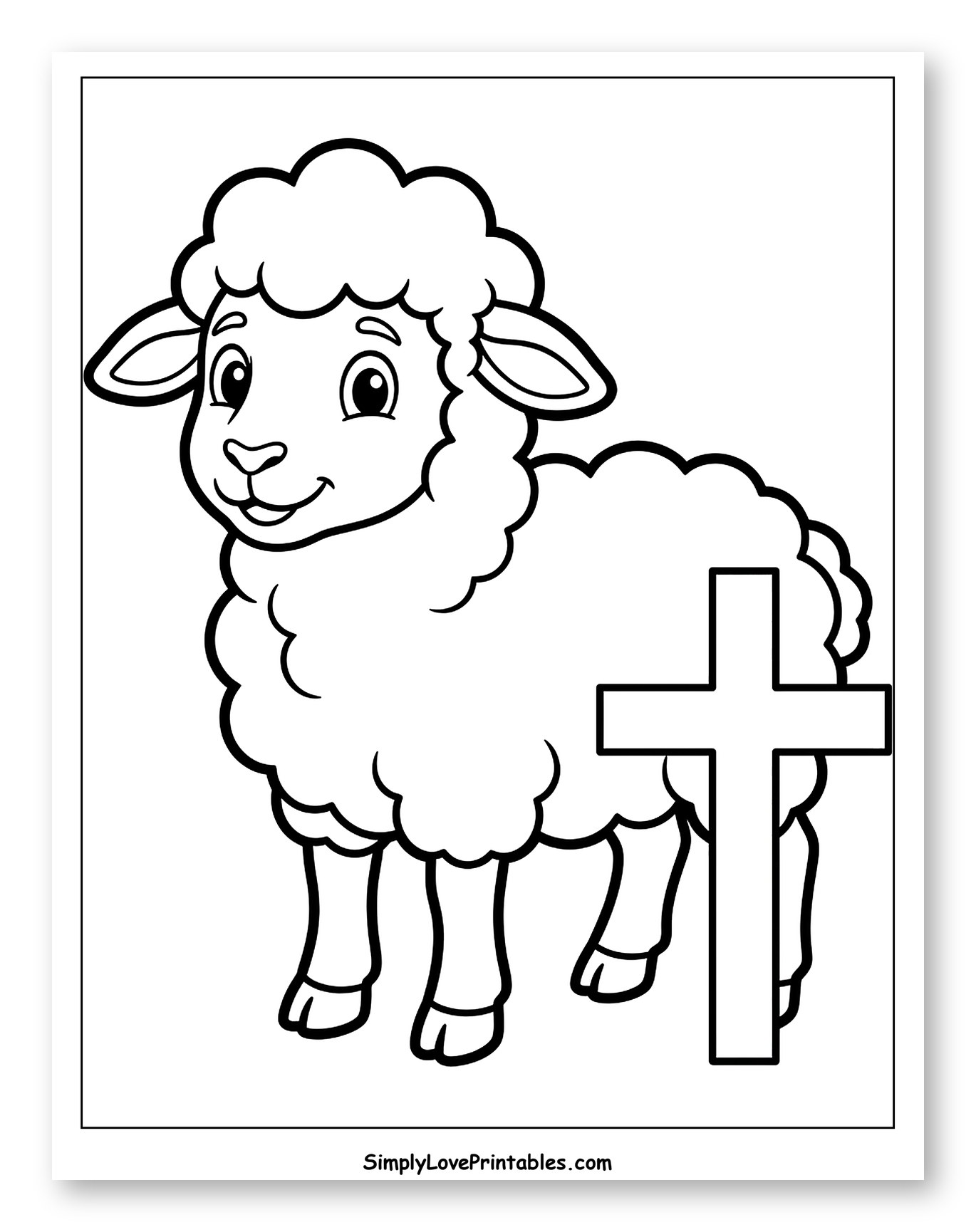 Cute Sheep Standing Next to a Cross Coloring Sheet for Toddlers