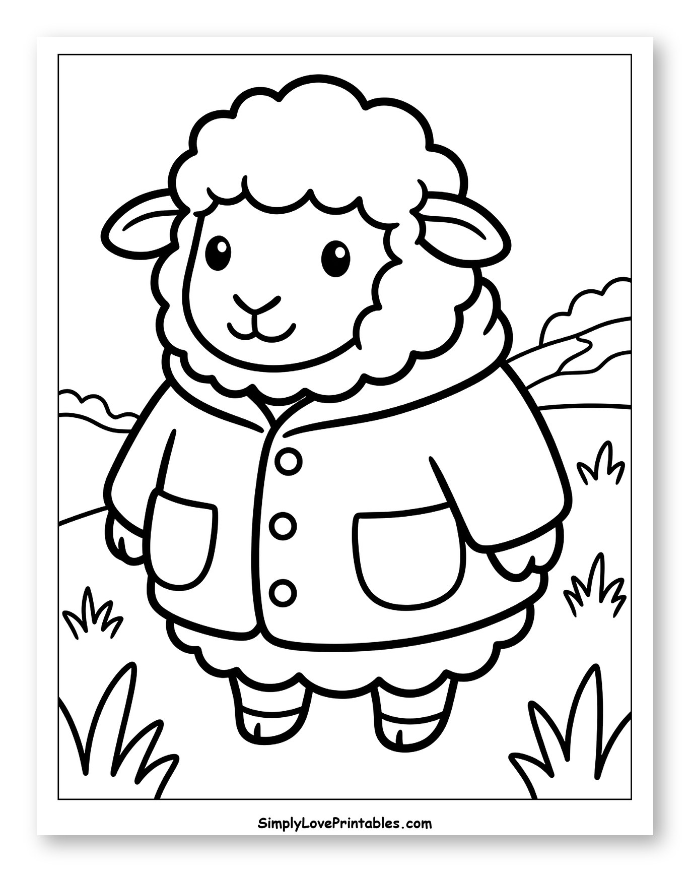 Cute Sheep Wearing a Coat in Field Coloring Page for Toddlers