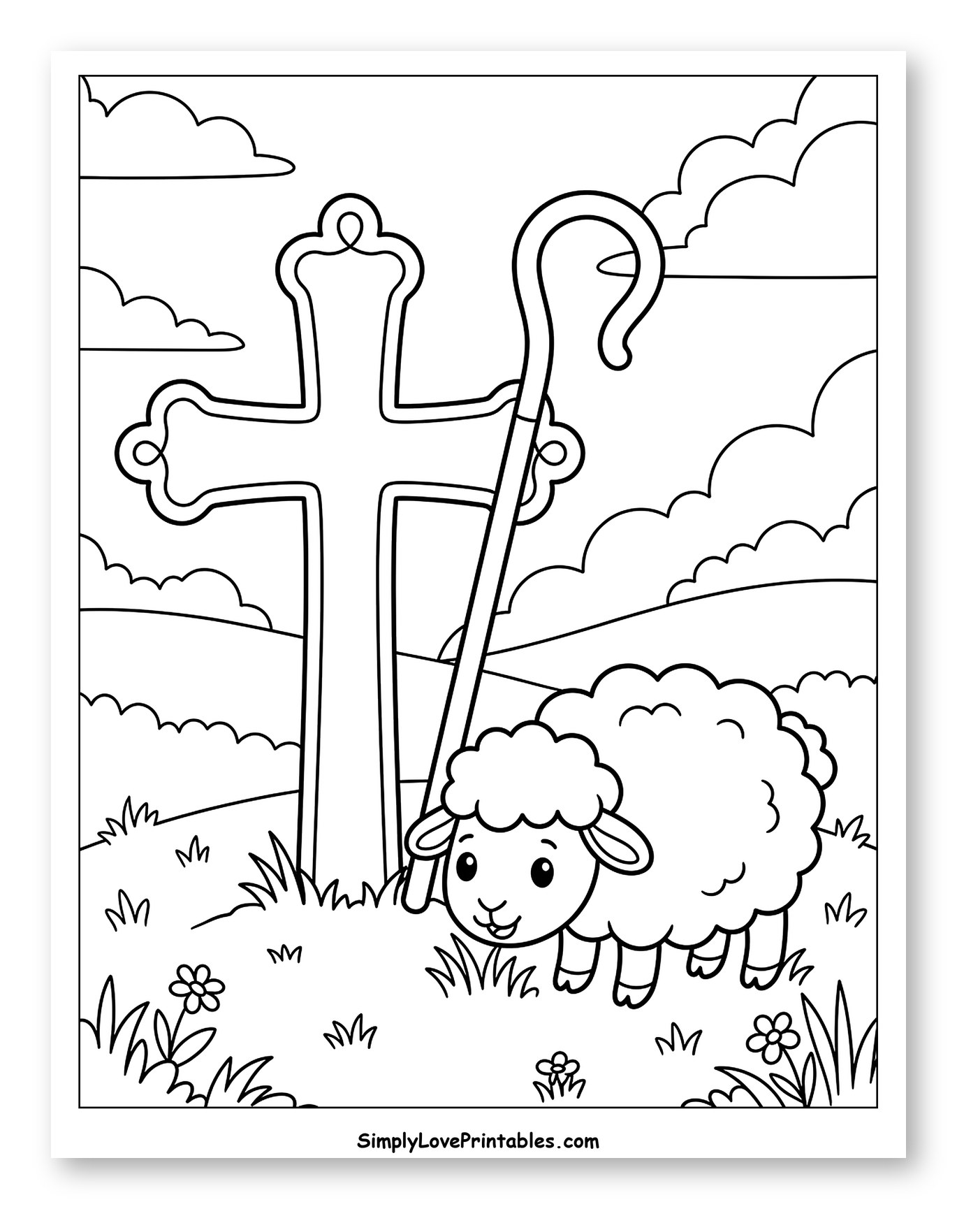 Cute Sheep with Cross and Shepherd's Crook Coloring Sheet for Kids