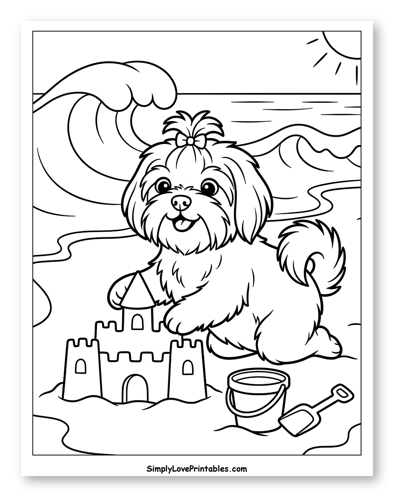 Cute Shih Tzu Building Sandcastle at Beach to Color for Kids