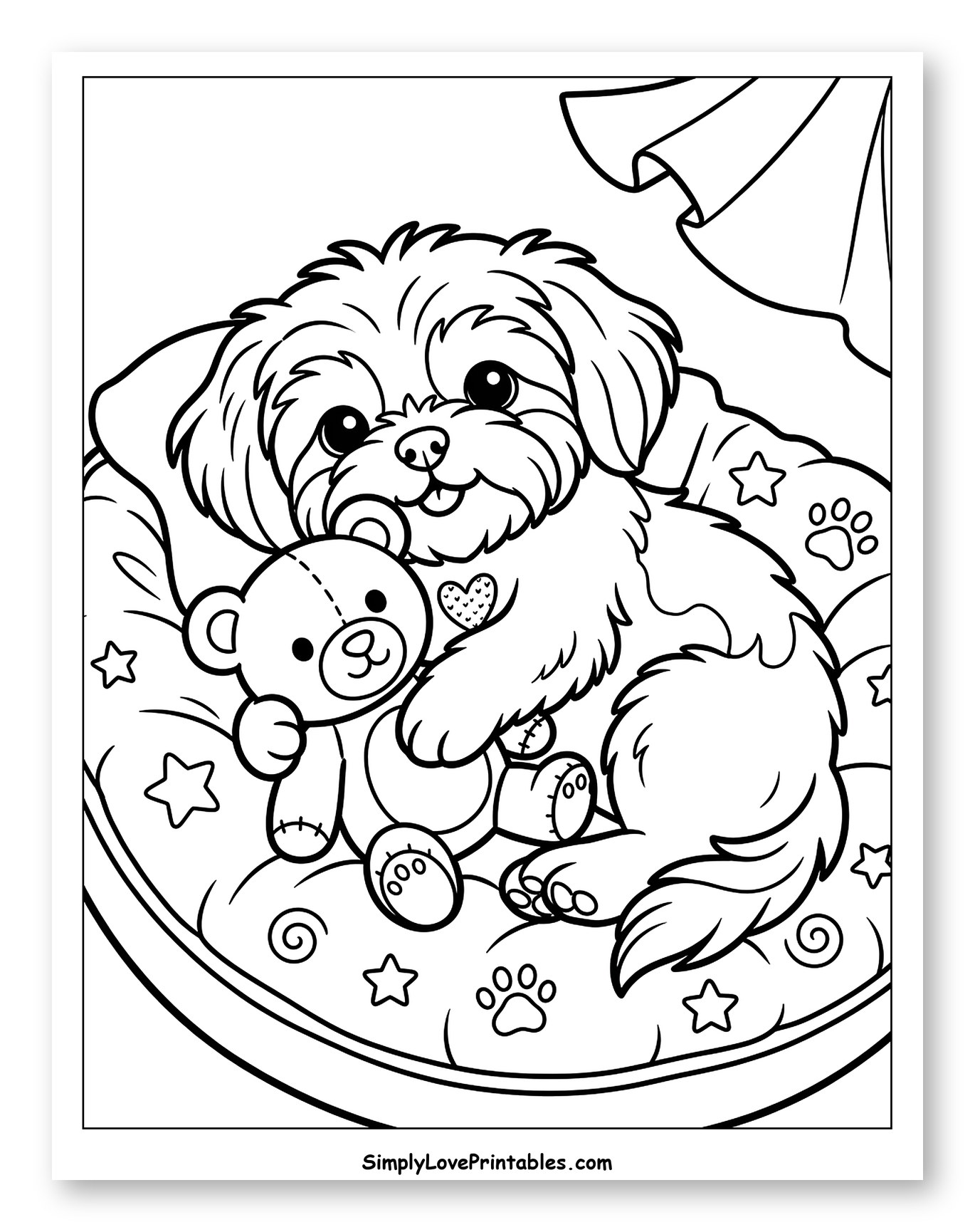 Cute Shih Tzu Dog Cuddling a Teddy Bear to Color for Kids