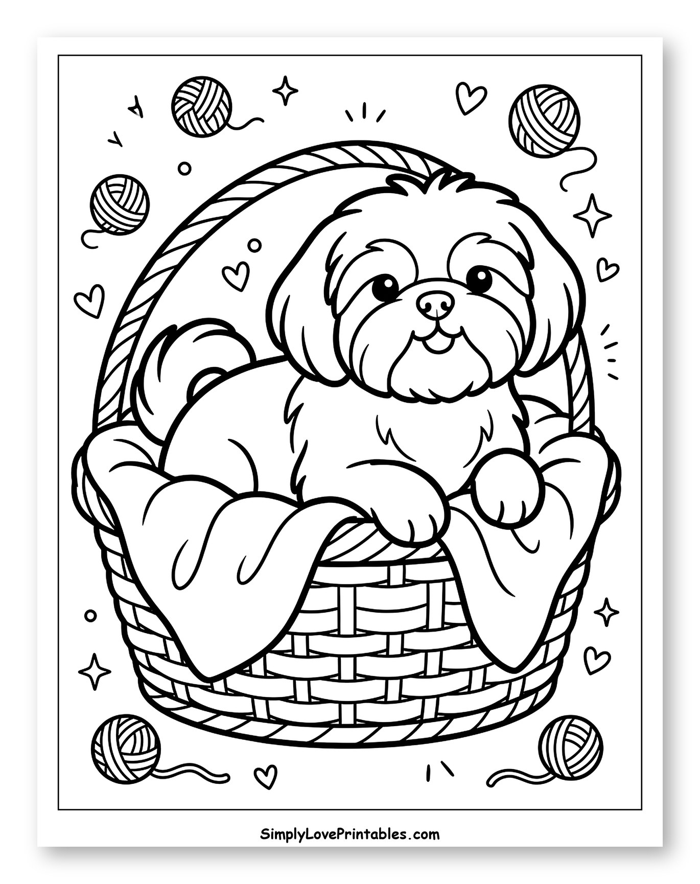 Cute Shih Tzu Dog in a Basket with Yarn Coloring Sheet for Adults
