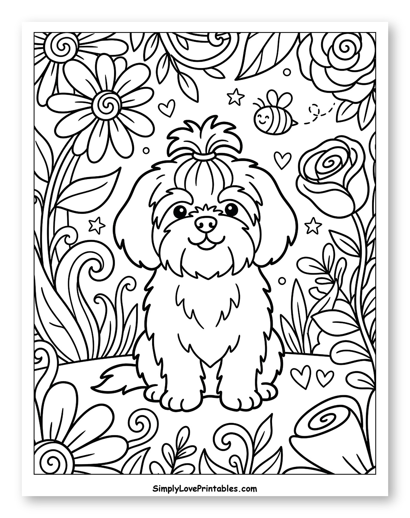 Cute Shih Tzu Dog in a Floral Garden Coloring Page for Adults