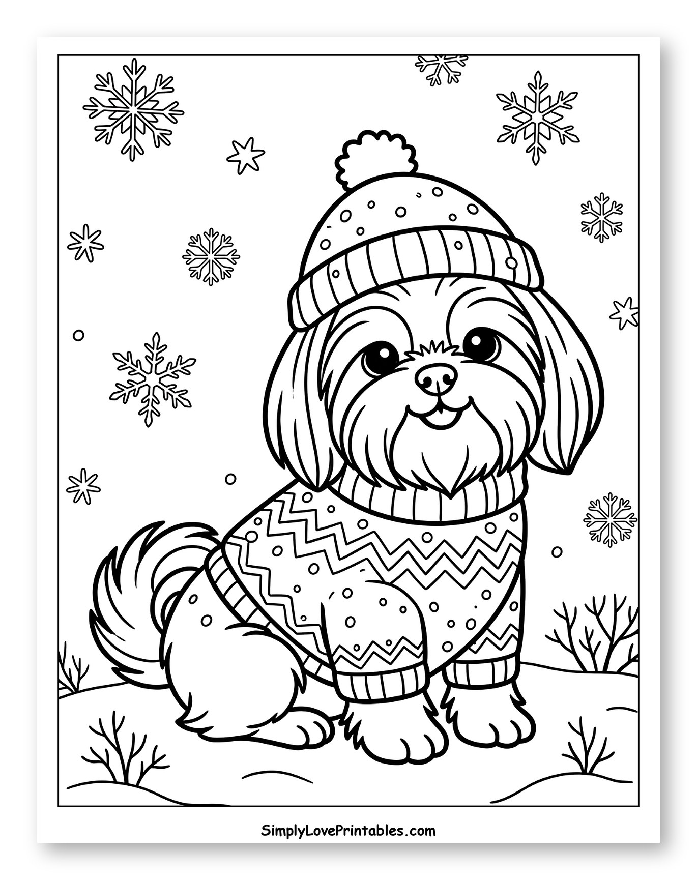 Cute Shih Tzu Dog in Winter Sweater and Hat to Color for Adults