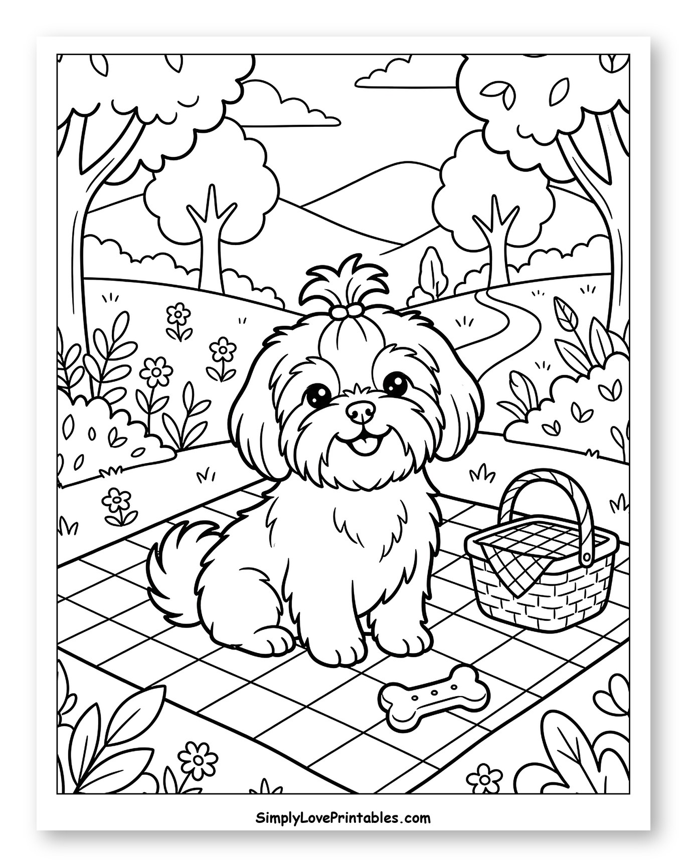 Cute Shih Tzu Dog on a Picnic to Color for Kids