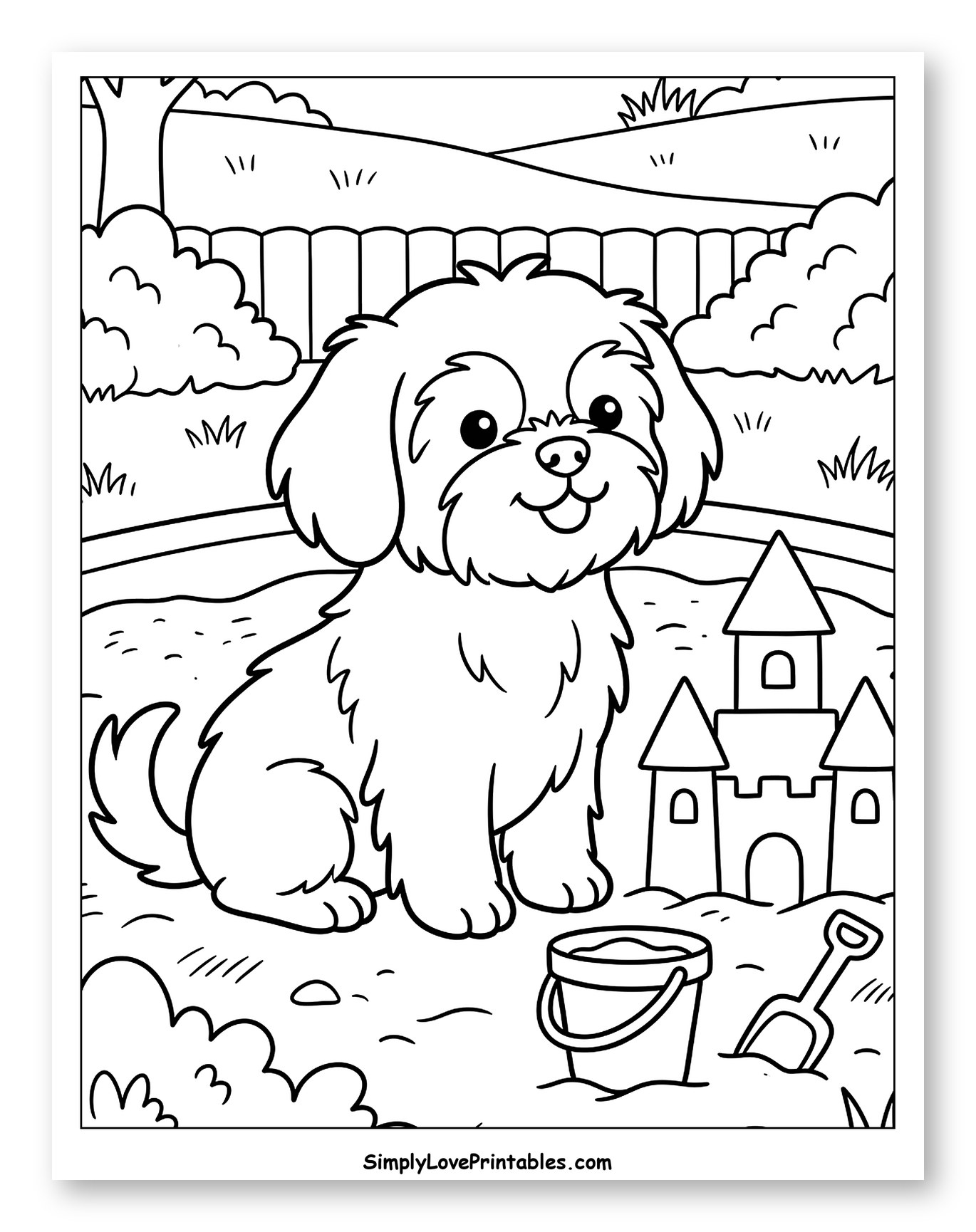 Cute Shih Tzu Dog Playing in Sandbox Coloring Page for Kids