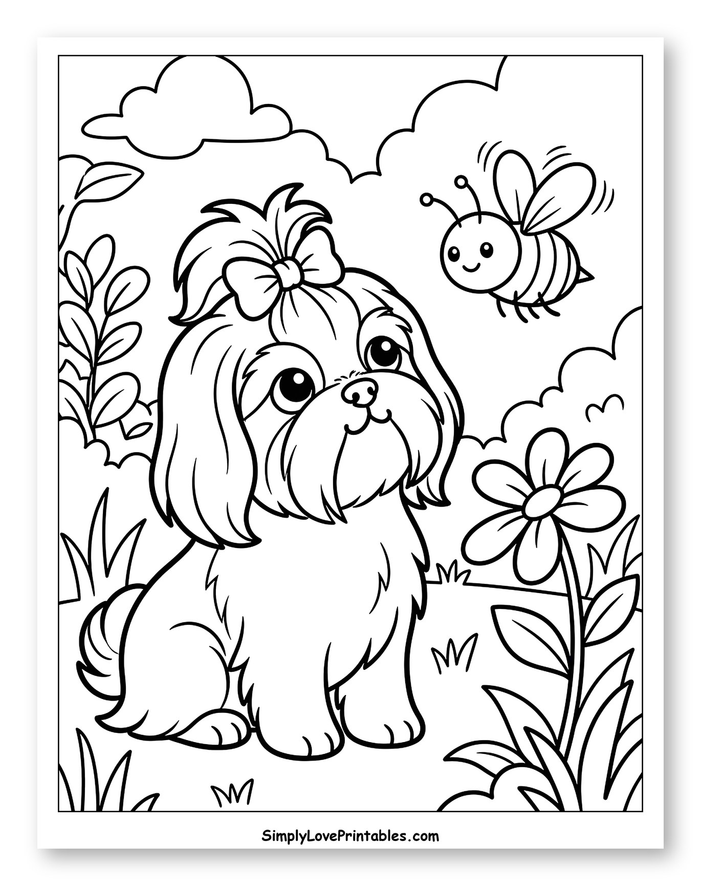 Cute Shih Tzu Dog with Bee and Flower