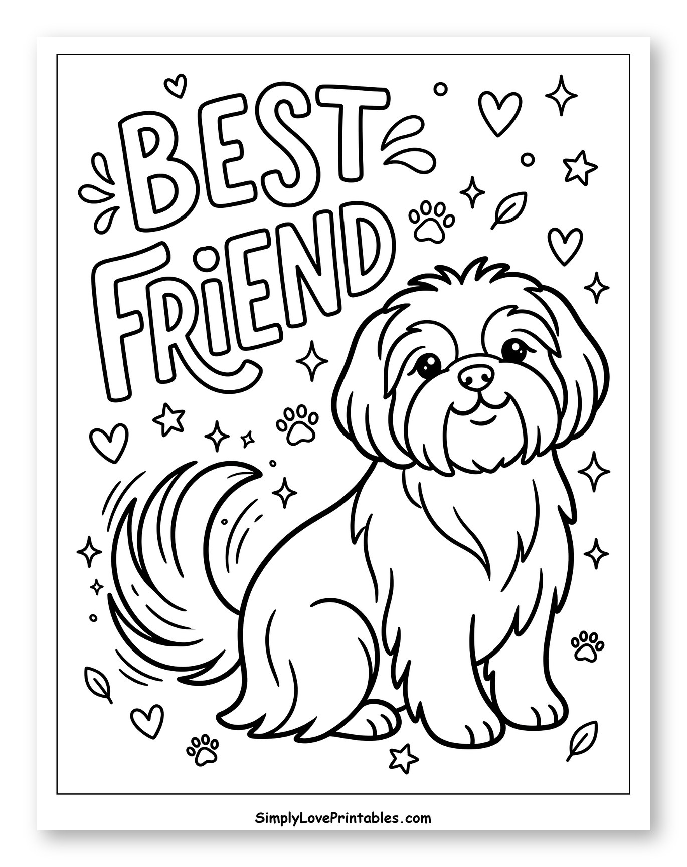 Cute Shih Tzu Dog with Best Friend Text Coloring Sheet for Adults