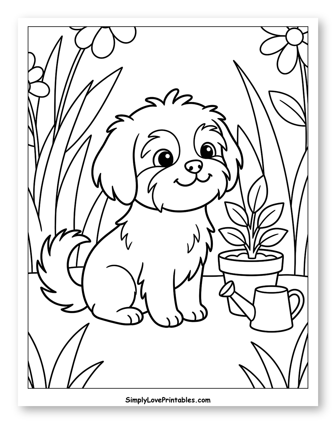 Cute Shih Tzu in Garden with Plant to Color for Kids