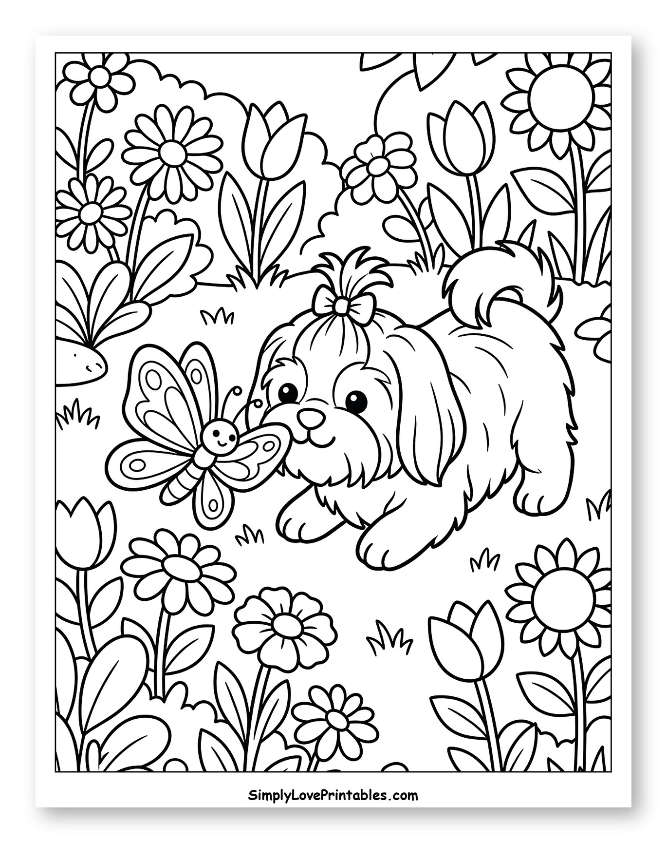 Cute Shih Tzu Playing with Butterfly in Garden