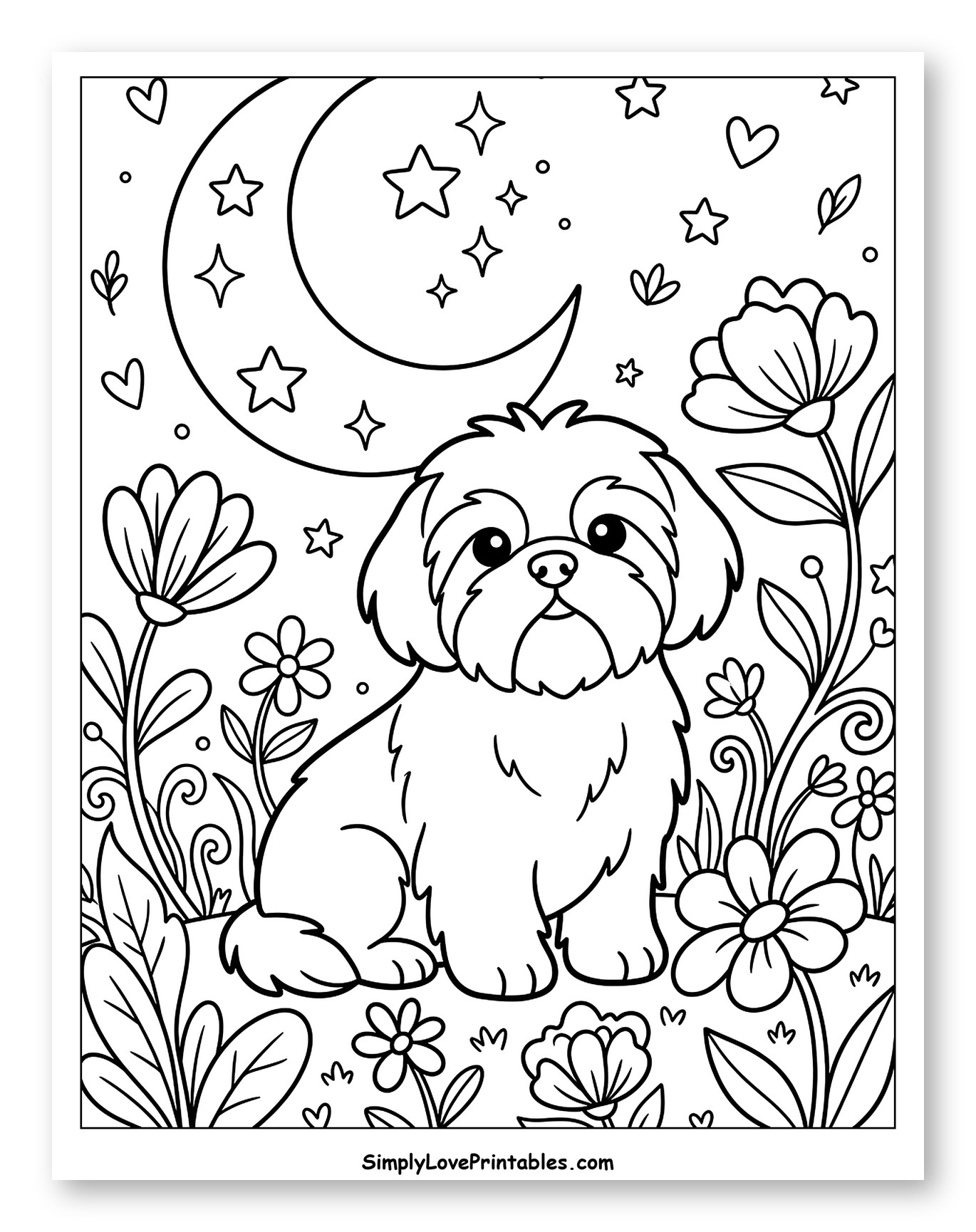Cute Shih Tzu Puppy Under Moon and Stars Coloring Sheet for Adults