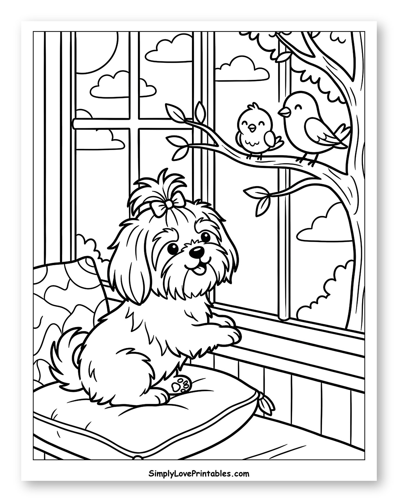 Cute Shih Tzu Puppy Watching Birds Coloring Page for Kids
