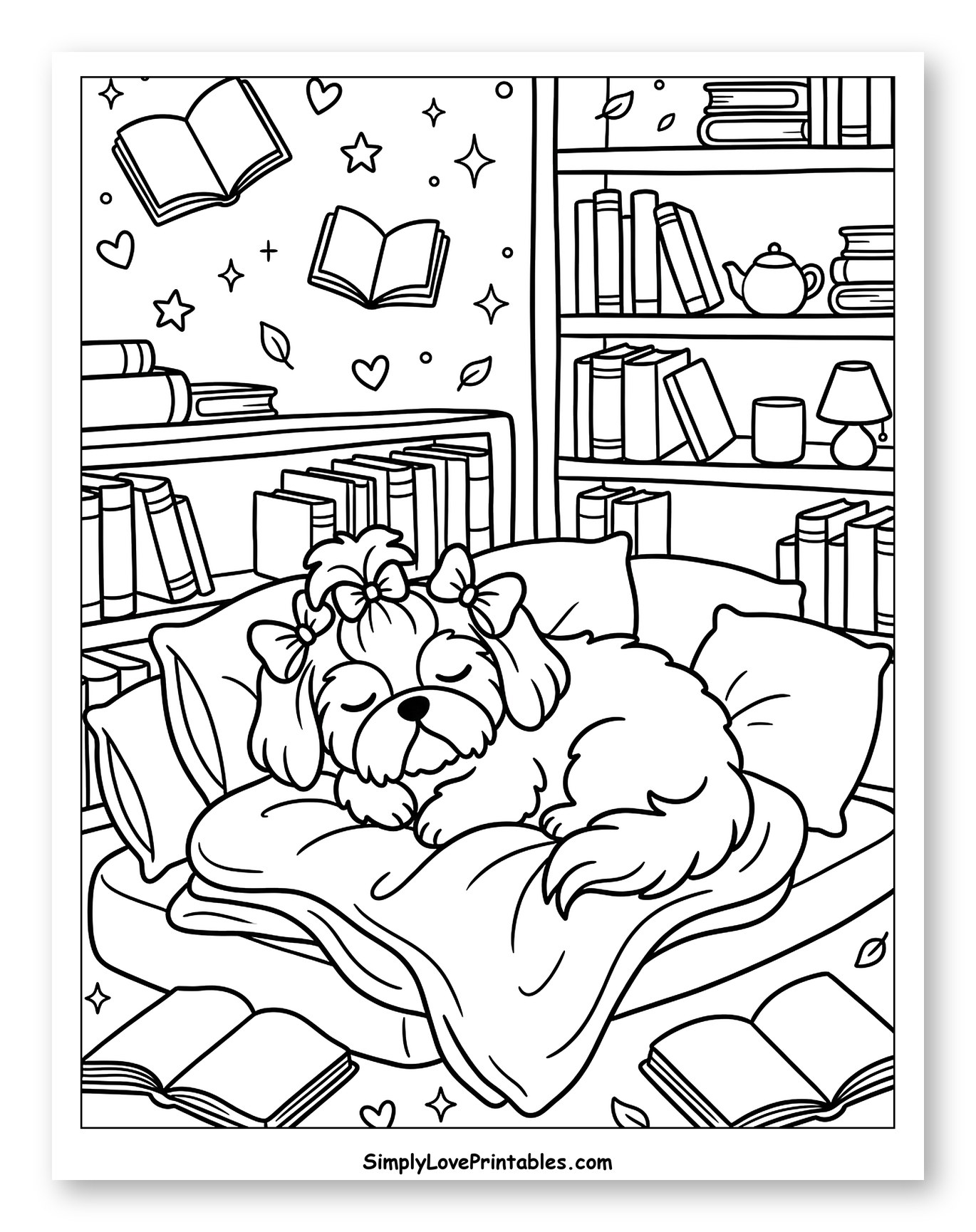 Cute Shih Tzu Sleeping in Cozy Library to Color for Adults