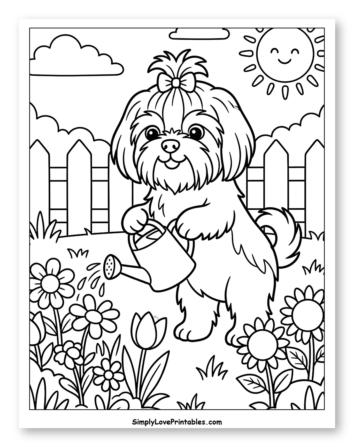 Cute Shih Tzu Watering Garden Flowers Coloring Sheet for Kids