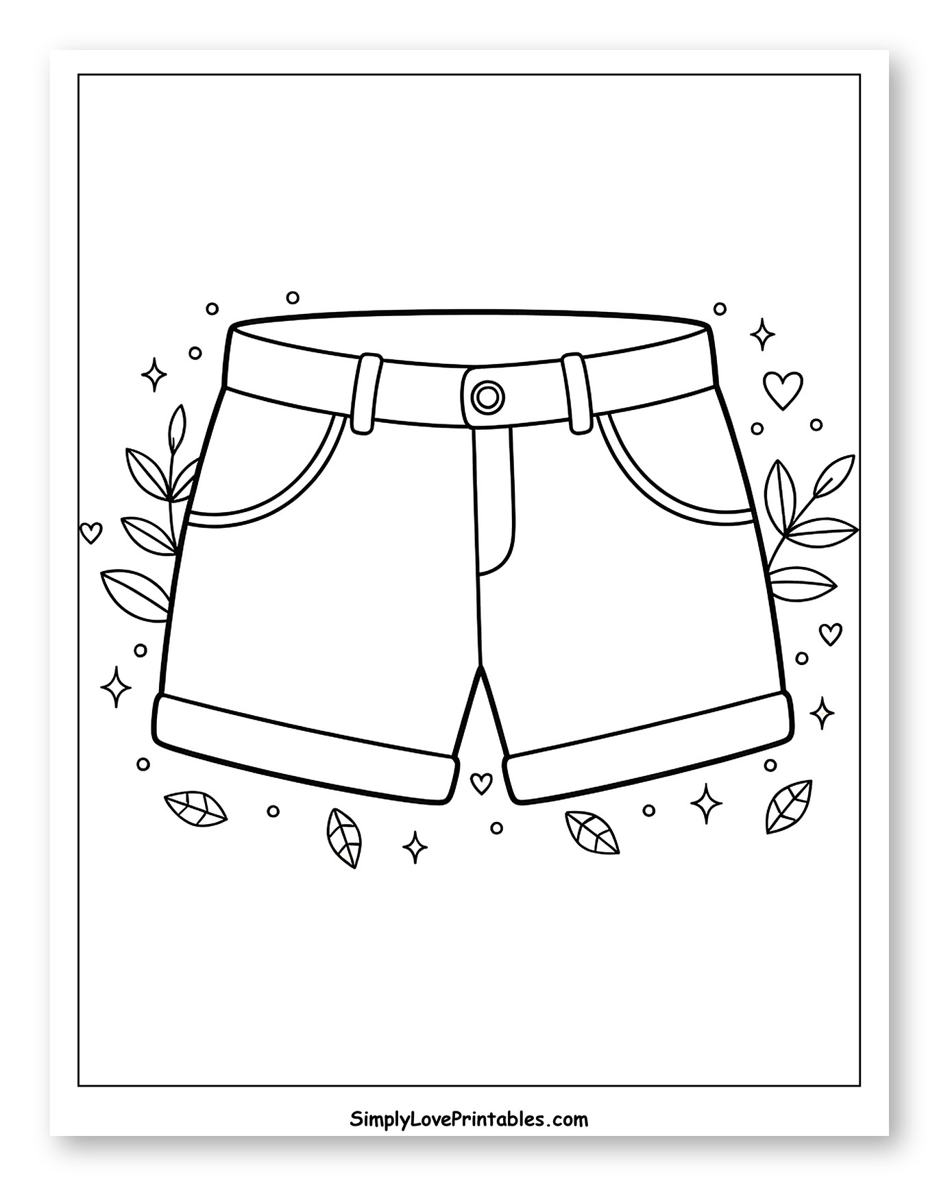 Cute Shorts Surrounded by Leaves and Hearts Coloring Page for Adults