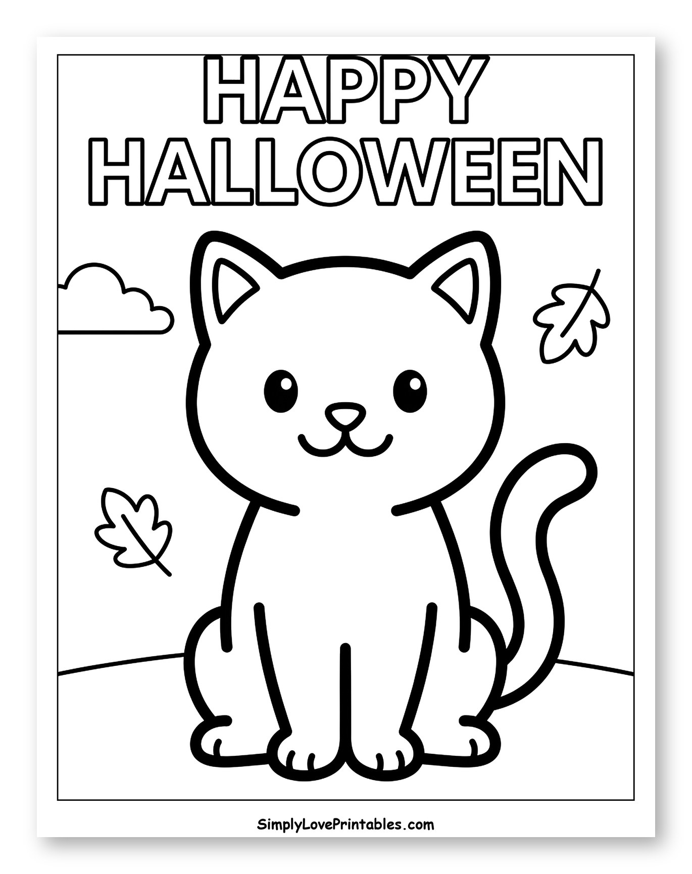 Cute Sitting Cat with Happy Halloween Text Coloring Page for Toddlers