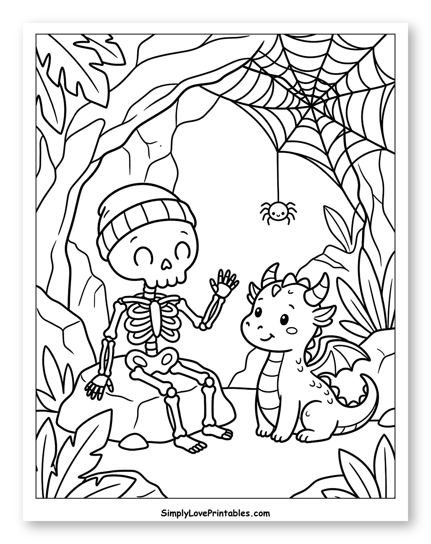 Cute Skeleton and Dragon in a Cave Coloring Sheet for Kids