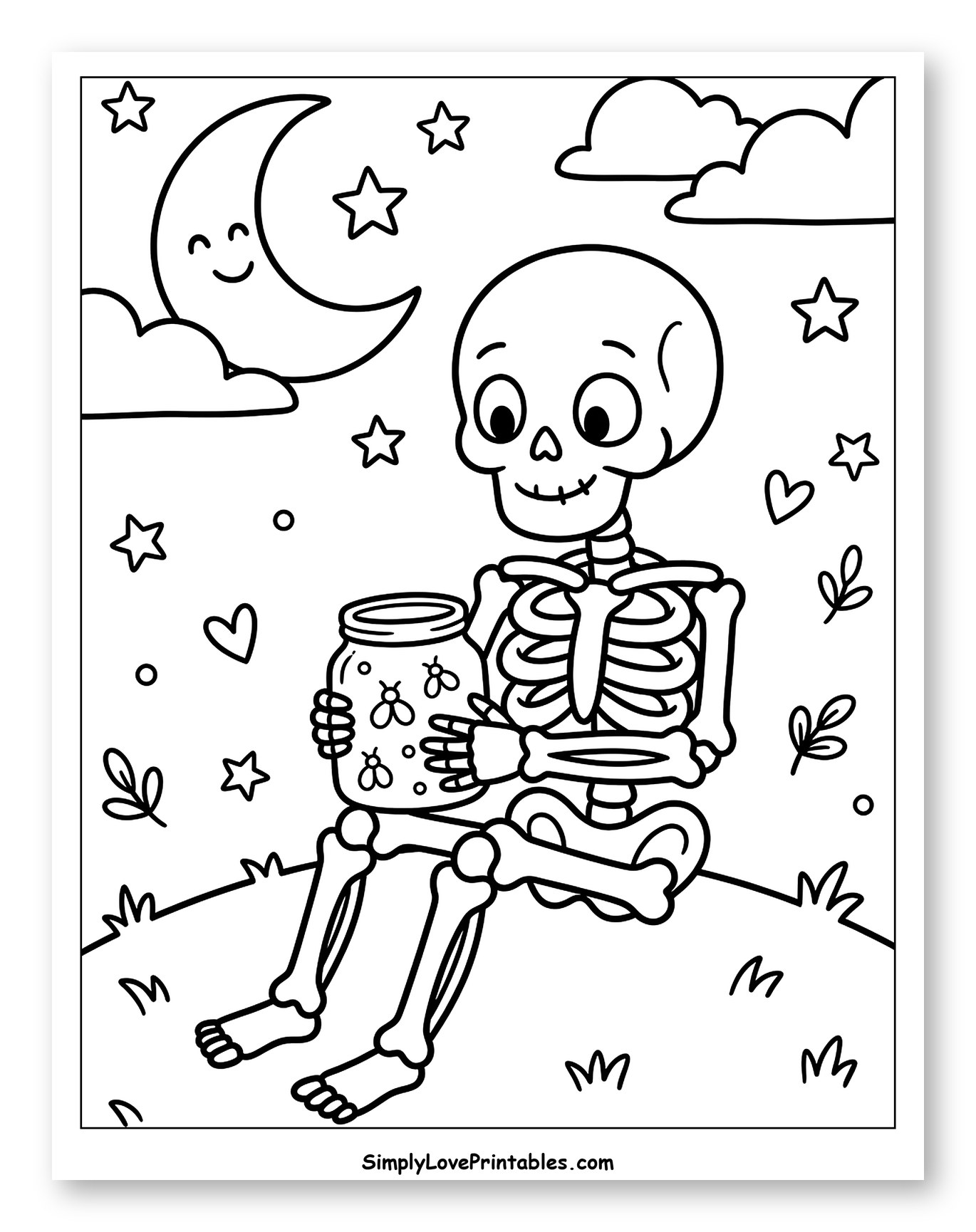 Cute Skeleton Holding Firefly Jar at Night to Color for Adults