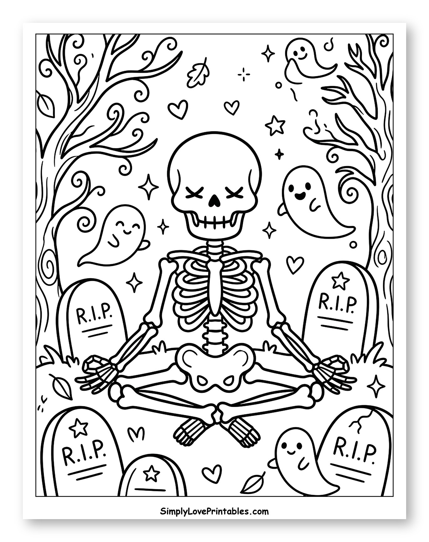 Cute Skeleton Meditating with Friendly Ghosts