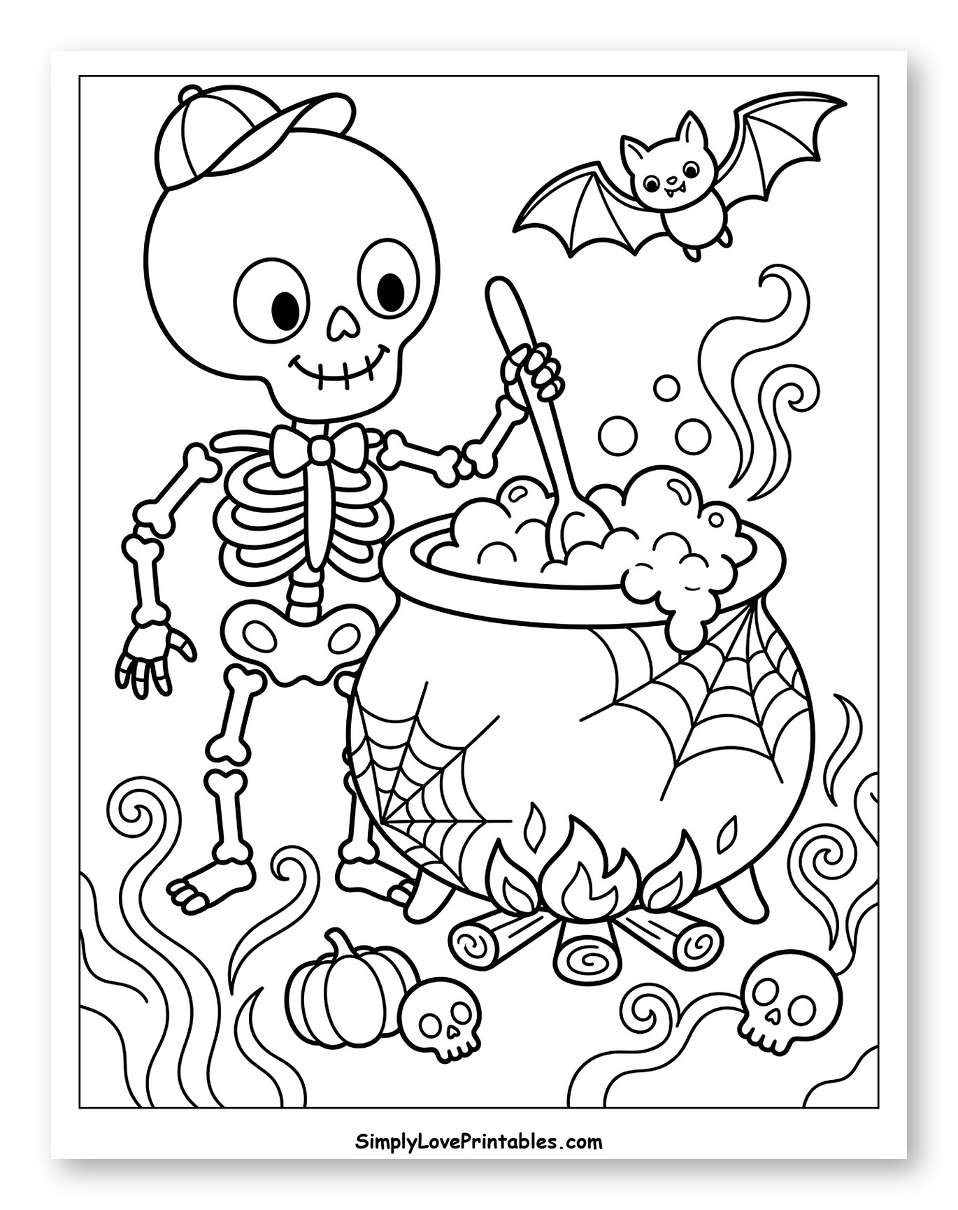 Cute Skeleton with Cauldron and Bat