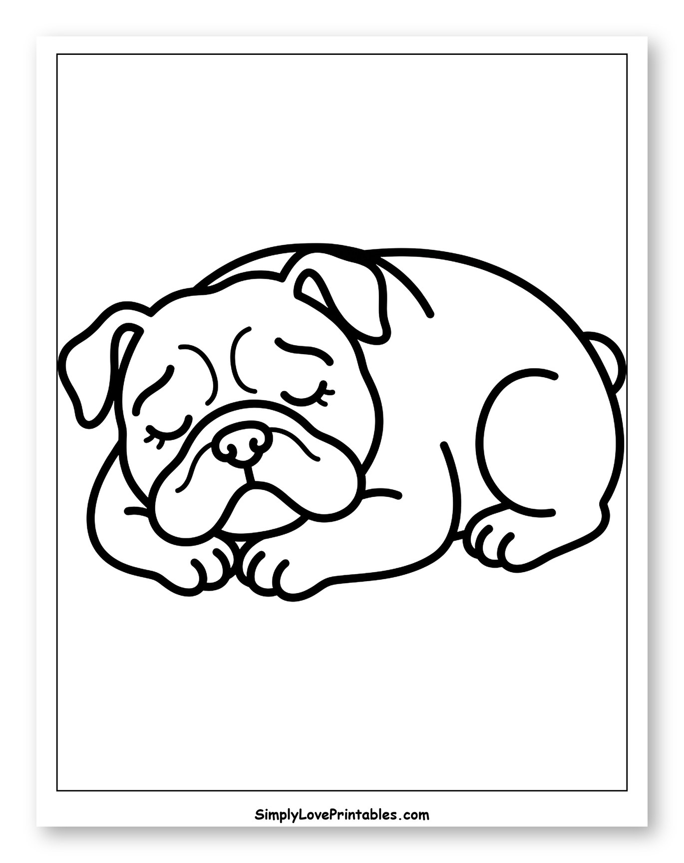 Cute Sleeping Bulldog Puppy Lying Down Coloring Page for Toddlers
