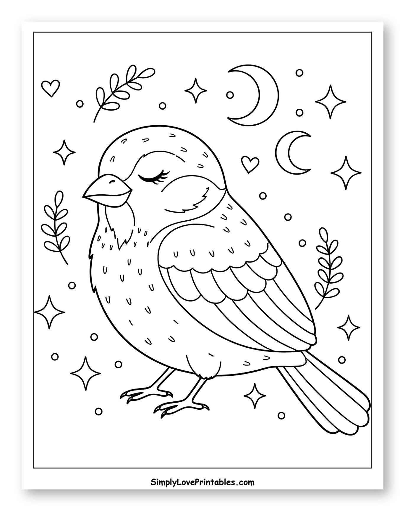 Cute Sleeping Sparrow with Moon and Stars