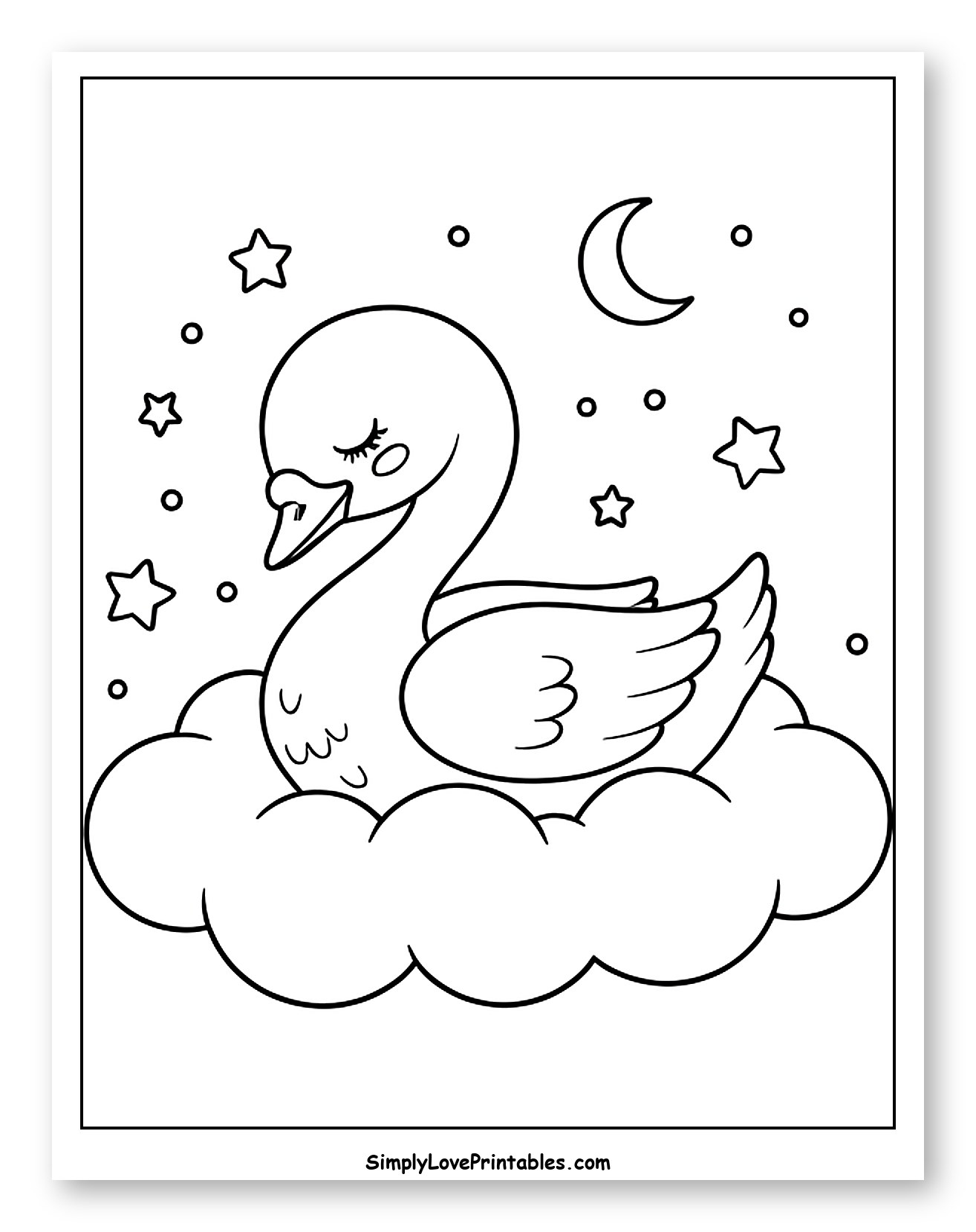 Cute Sleeping Swan on a Fluffy Cloud to Color for Kids