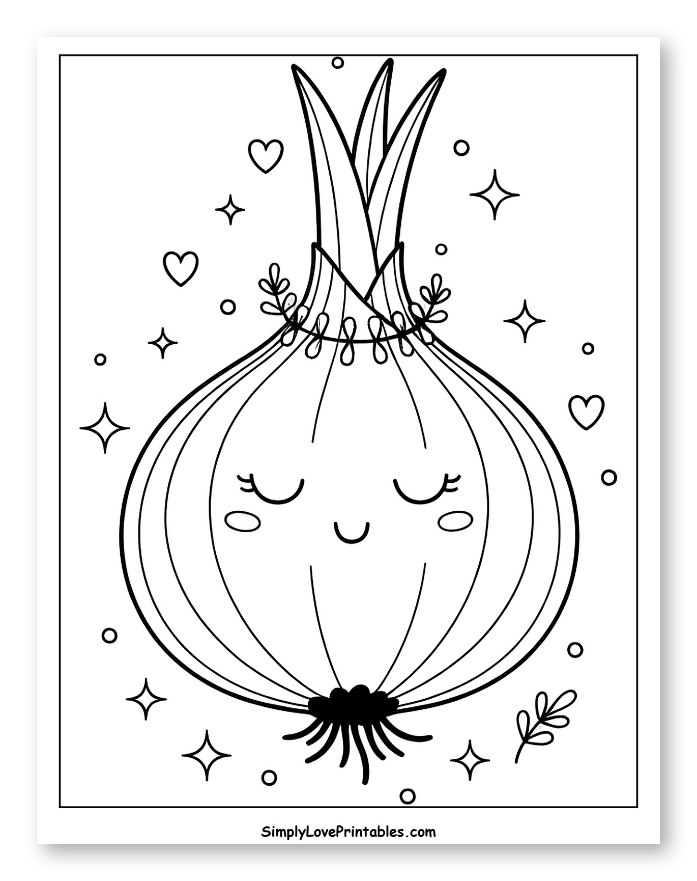 Cute Sleepy Onion with Stars and Hearts to Color for Adults