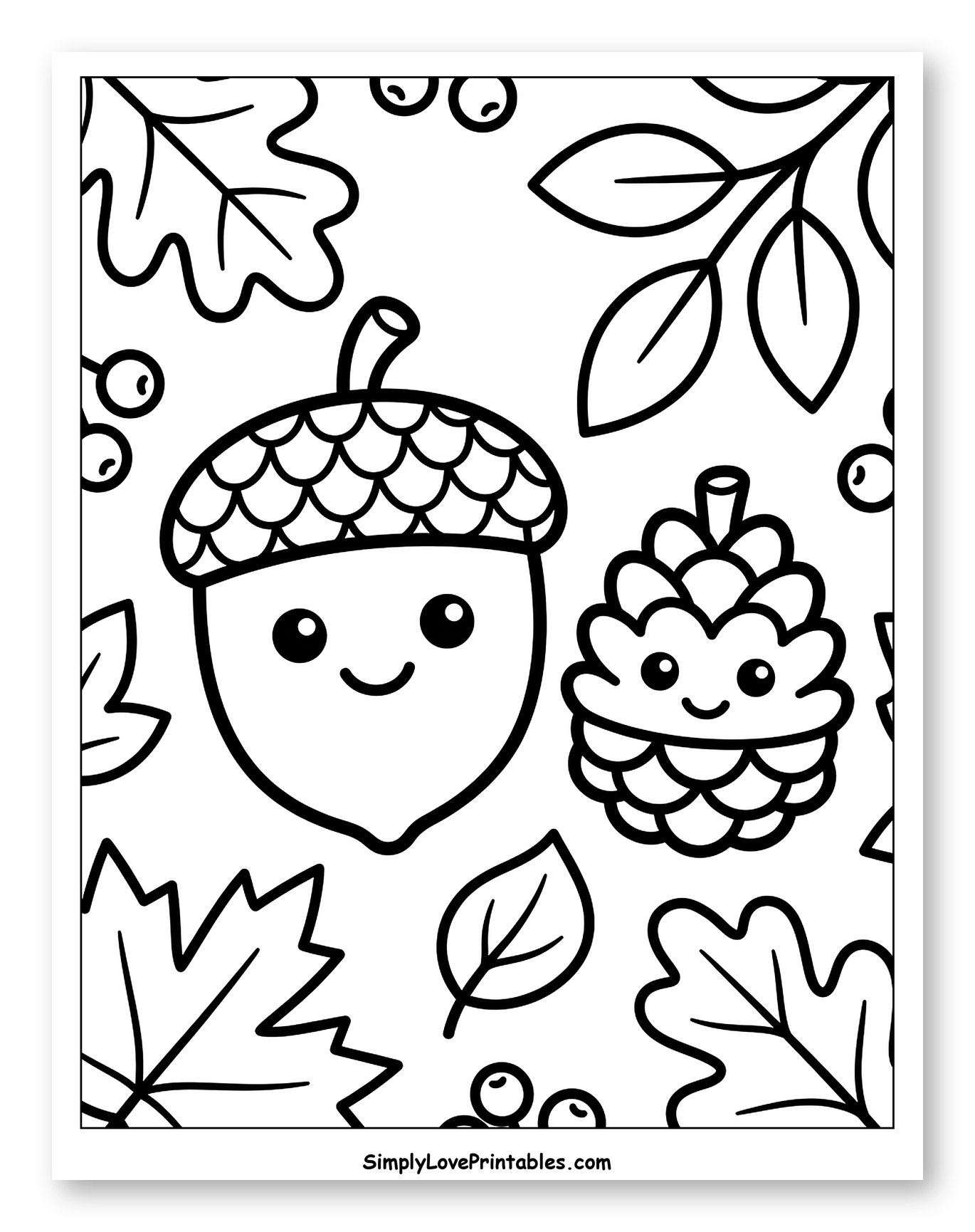 Cute Smiling Acorn and Pinecone with Autumn Leaves