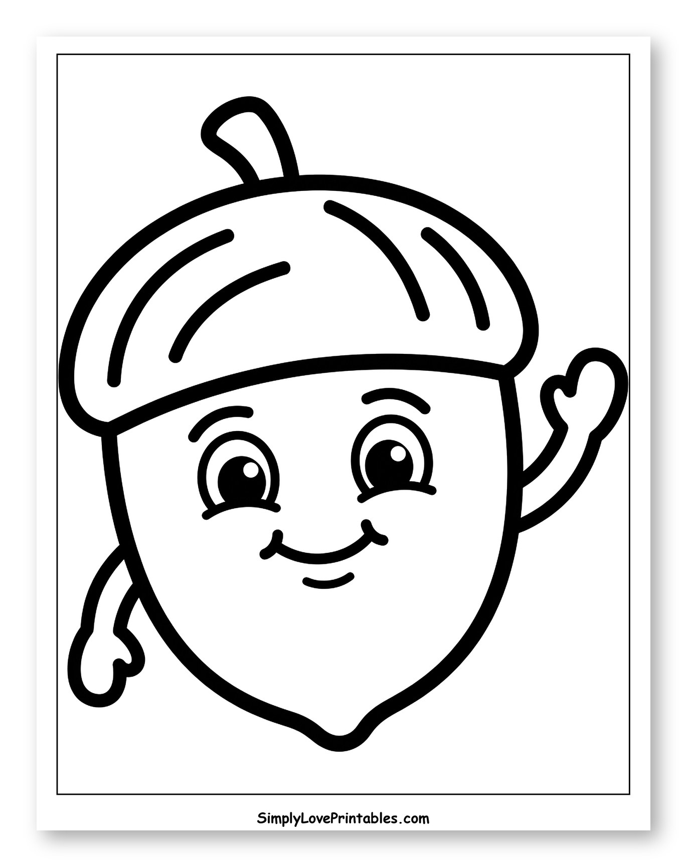 Cute Smiling Acorn Character Waving Coloring Page for Toddlers