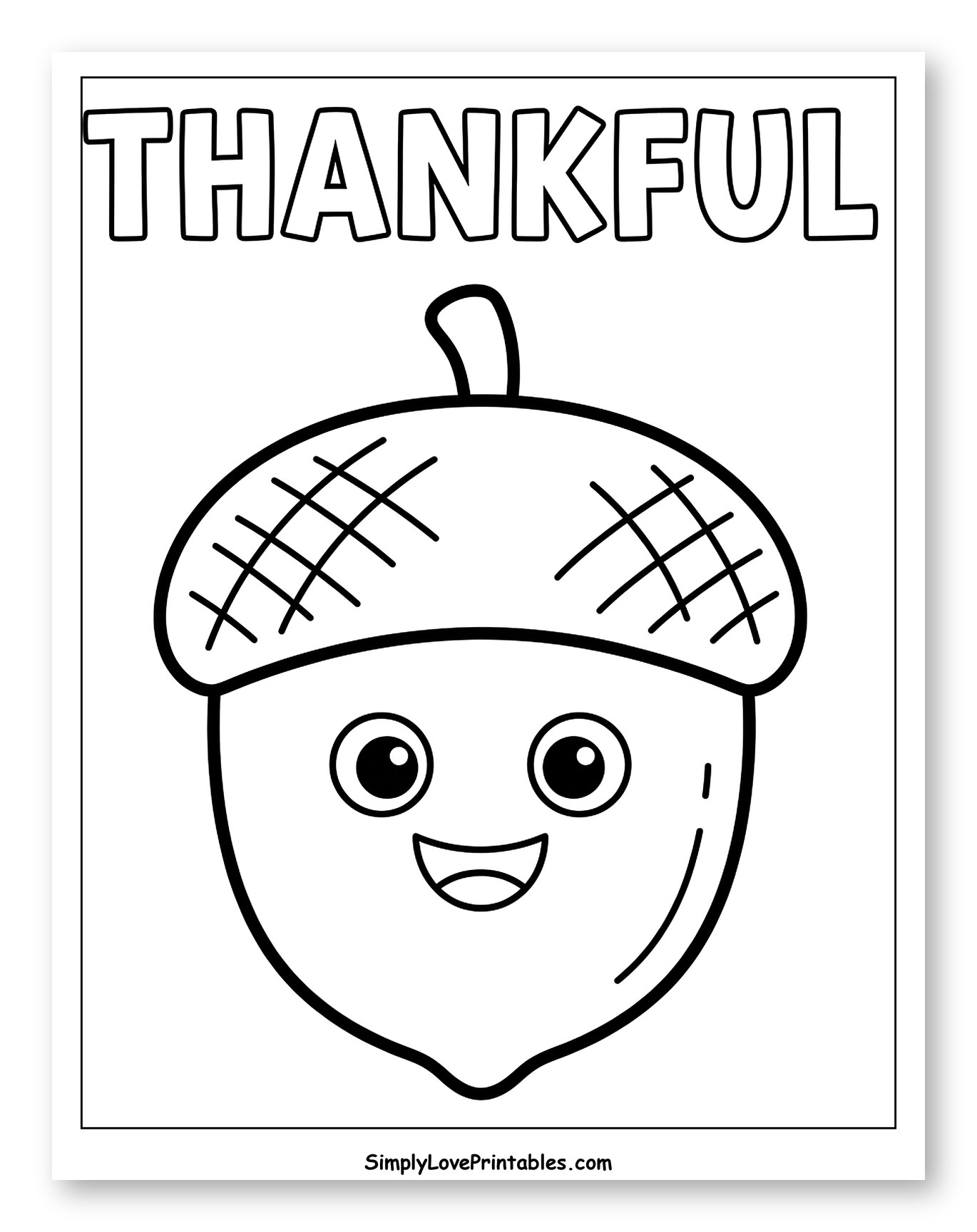 Cute Smiling Acorn with Thankful Text Coloring Sheet for Toddlers