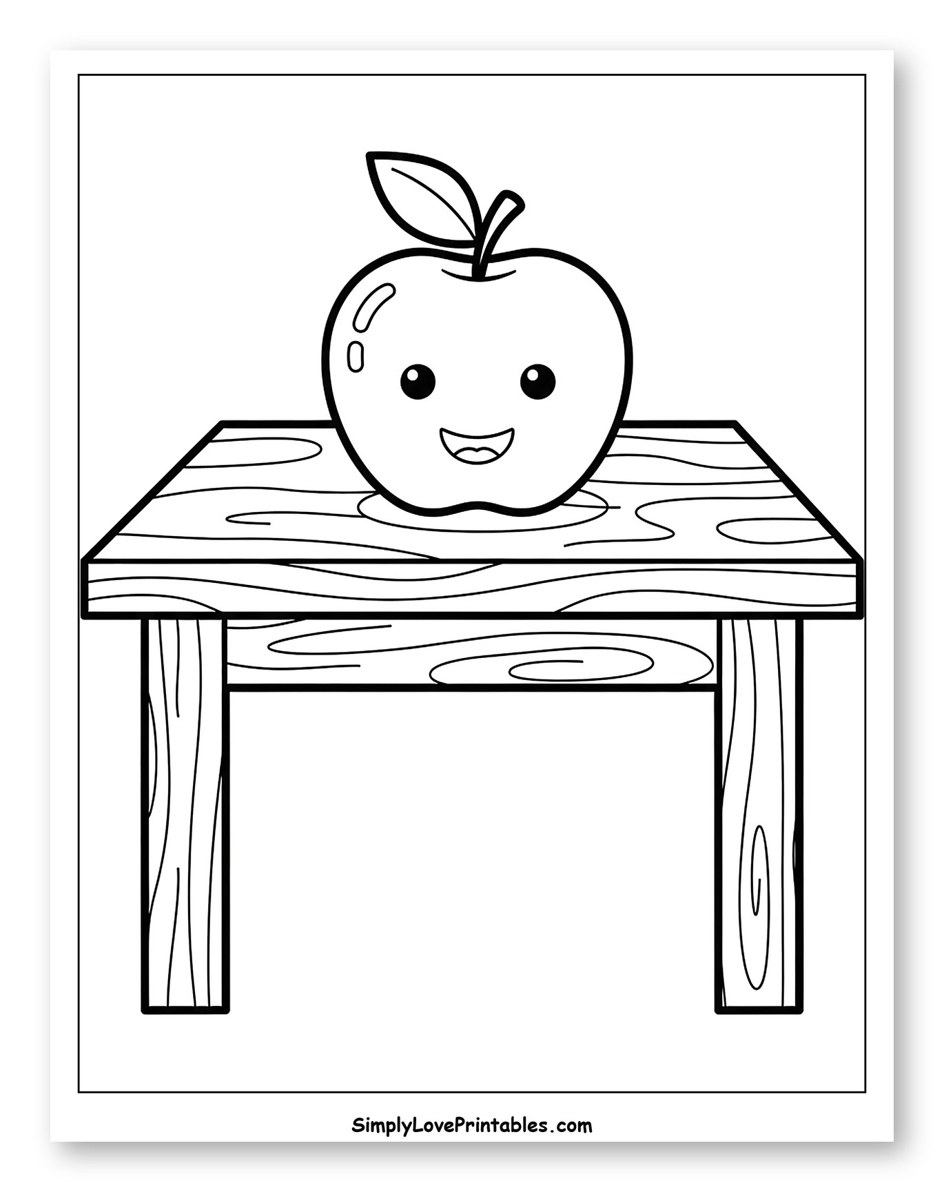 Cute Smiling Apple on a Wooden Table Coloring Page for Toddlers