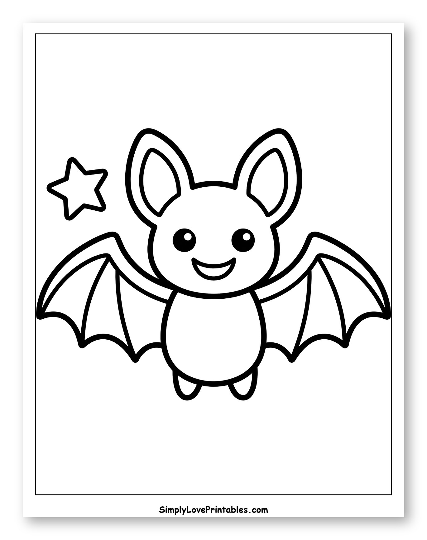 Cute Smiling Bat with a Star Coloring Page for Toddlers