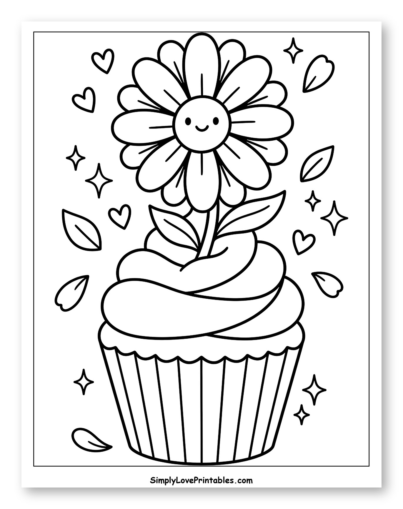 Cute Smiling Flower in a Cupcake Coloring Sheet for Adults