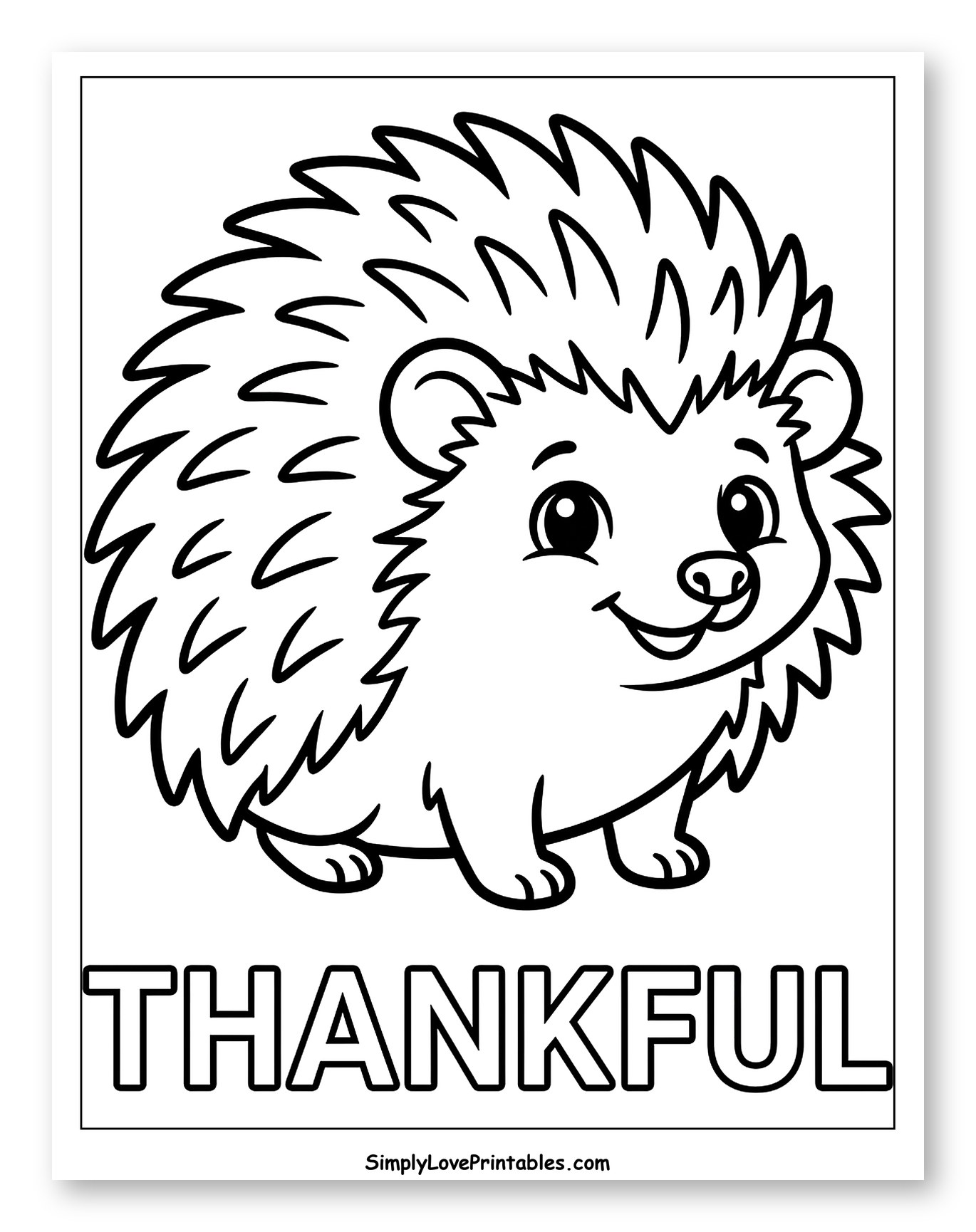 Cute Smiling Hedgehog with Thankful Text Coloring Sheet for Toddlers