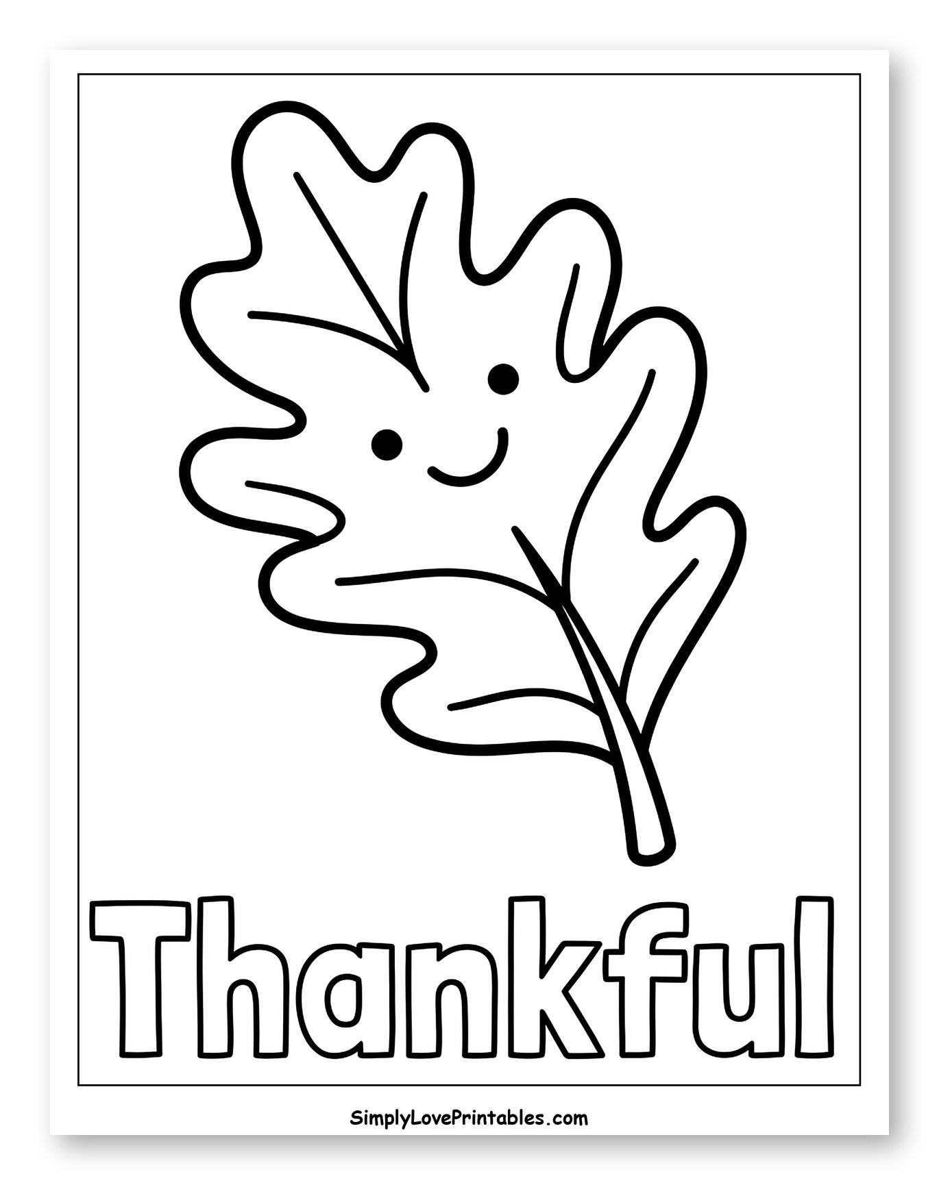Cute Smiling Oak Leaf with Thankful Message to Color for Toddlers