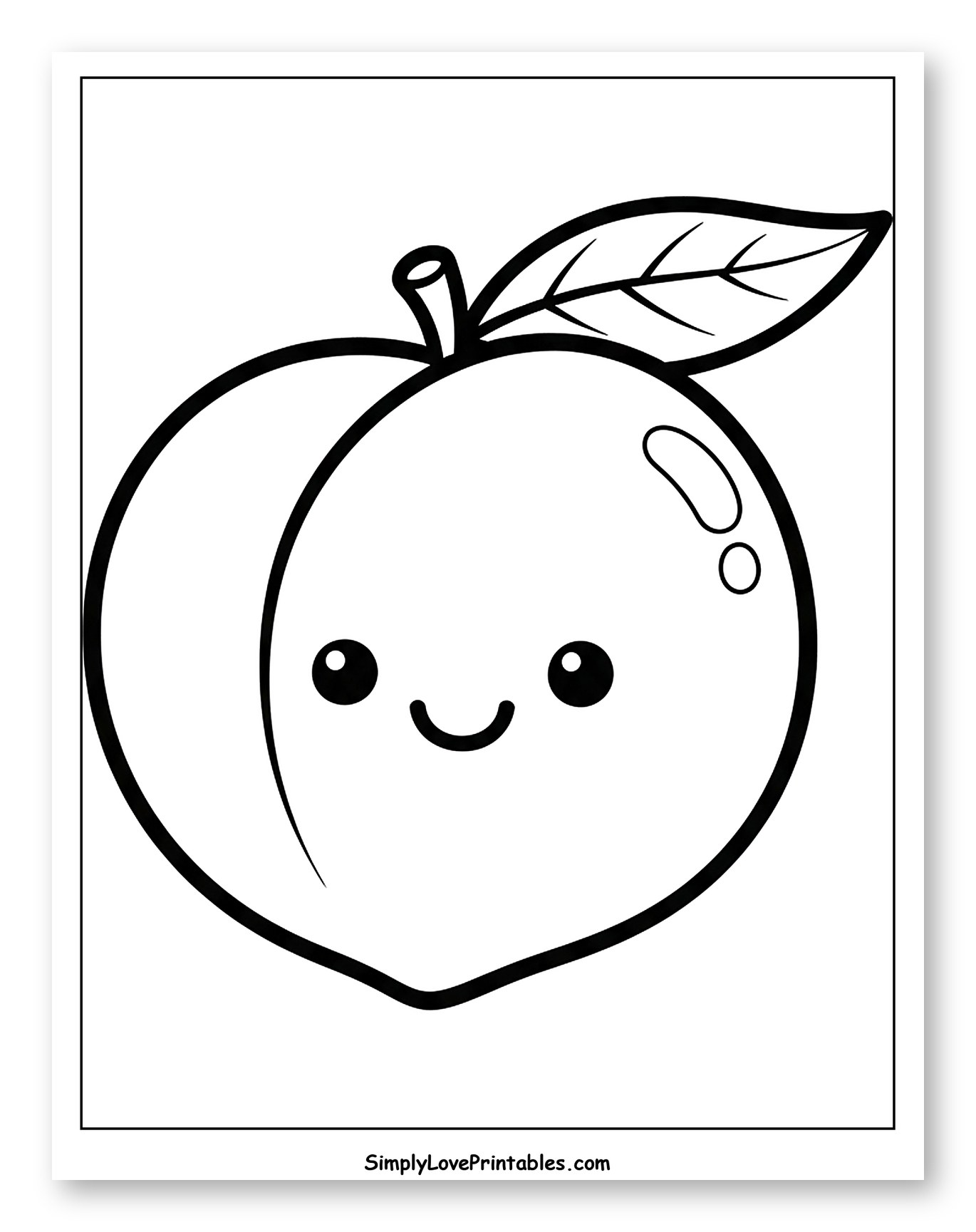 Cute Smiling Peach with Leaf and Stem Coloring Page for Toddlers