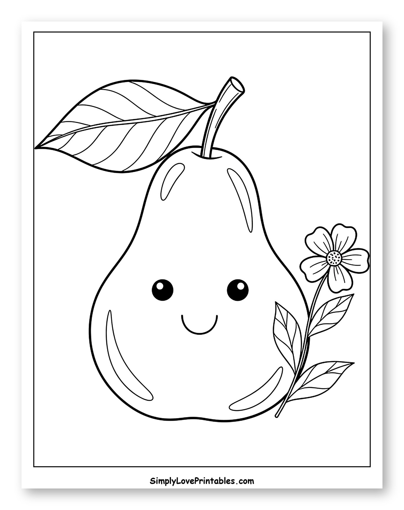 Cute Smiling Pear with Leaf and Flower to Color for Toddlers