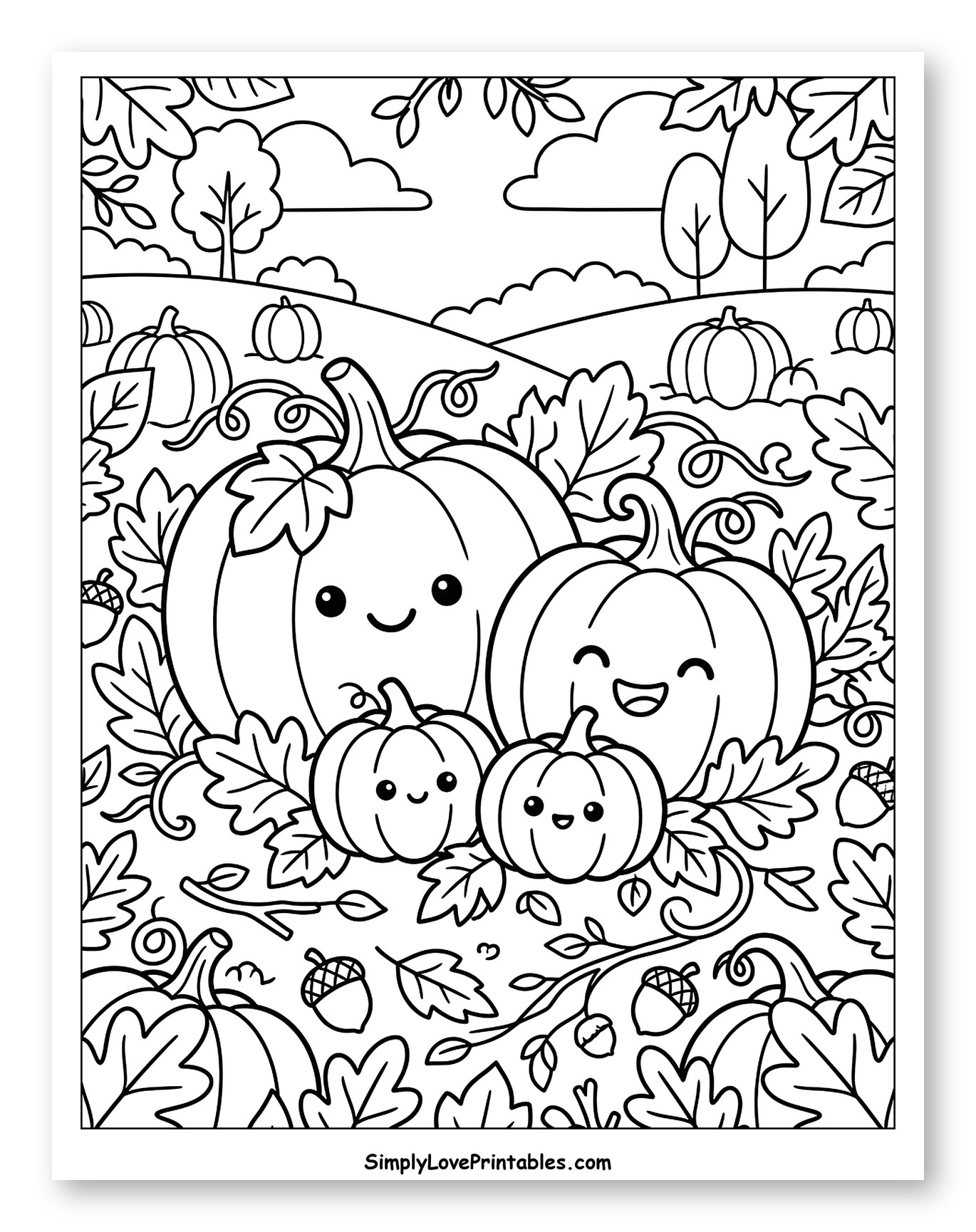 Cute Smiling Pumpkin Family in a Fall Patch