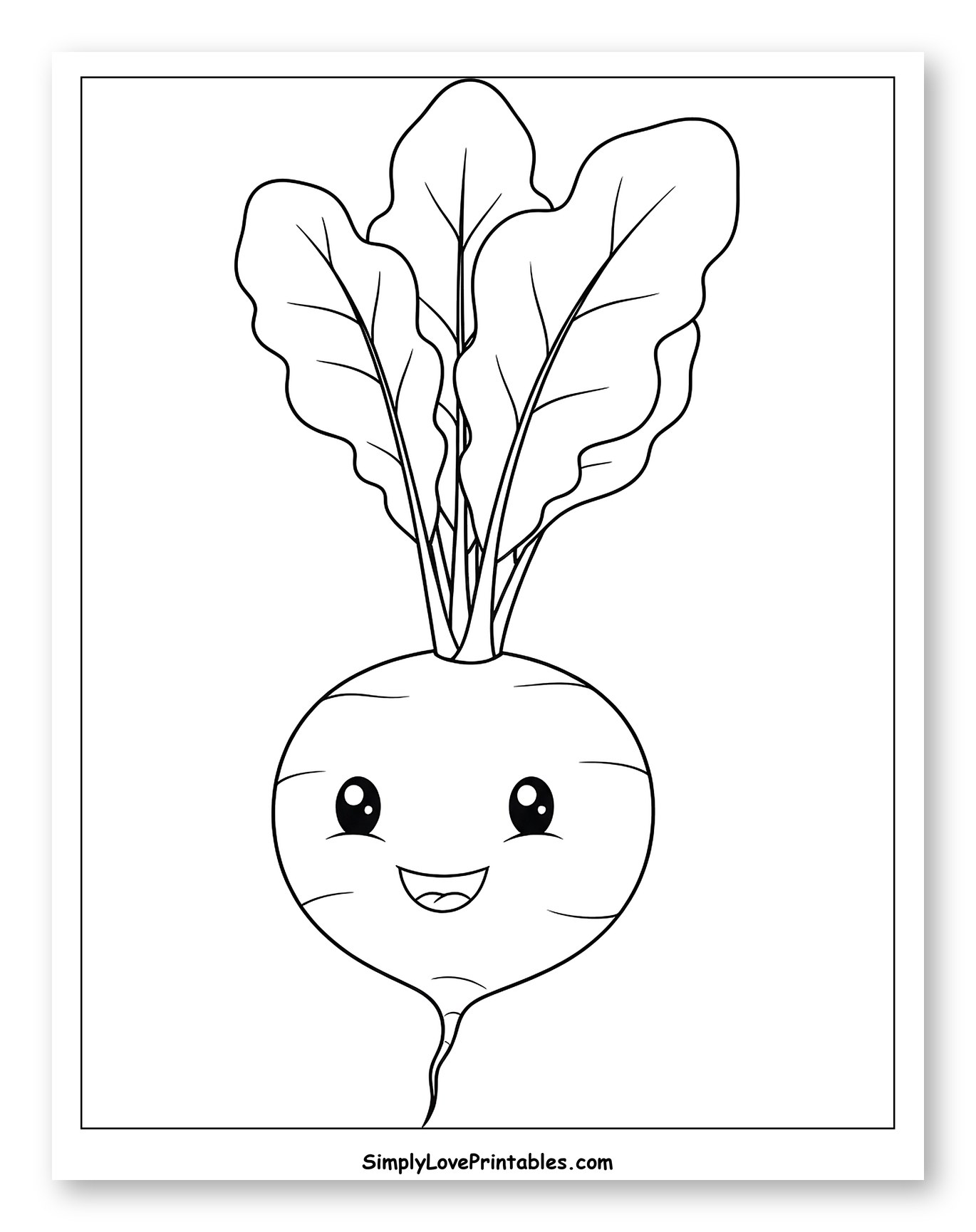 Cute Smiling Radish with Green Leaves Coloring Page for Toddlers