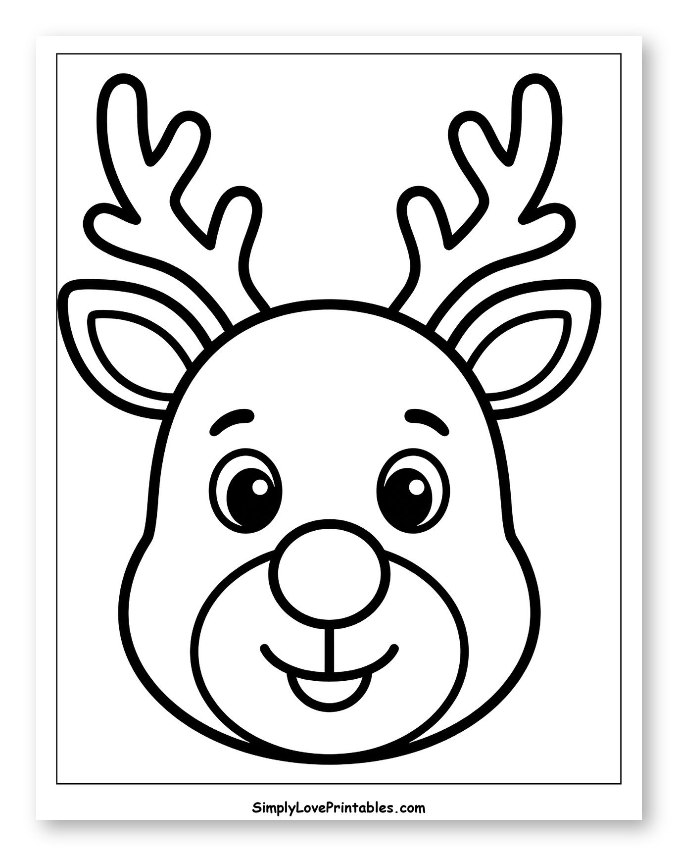 Cute Smiling Reindeer Face with Antlers Coloring Sheet for Toddlers