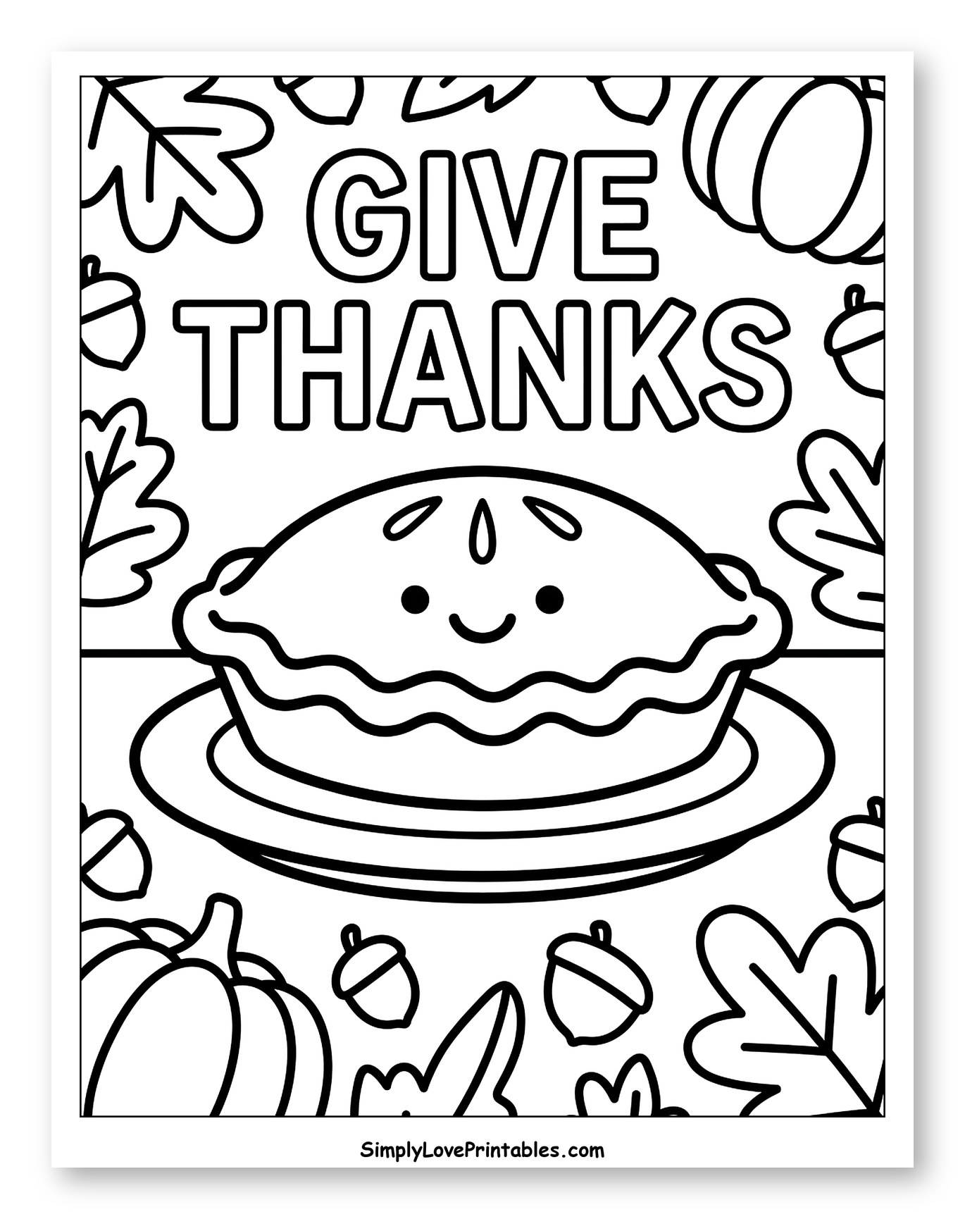 Cute Smiling Thanksgiving Pie and Fall Leaves