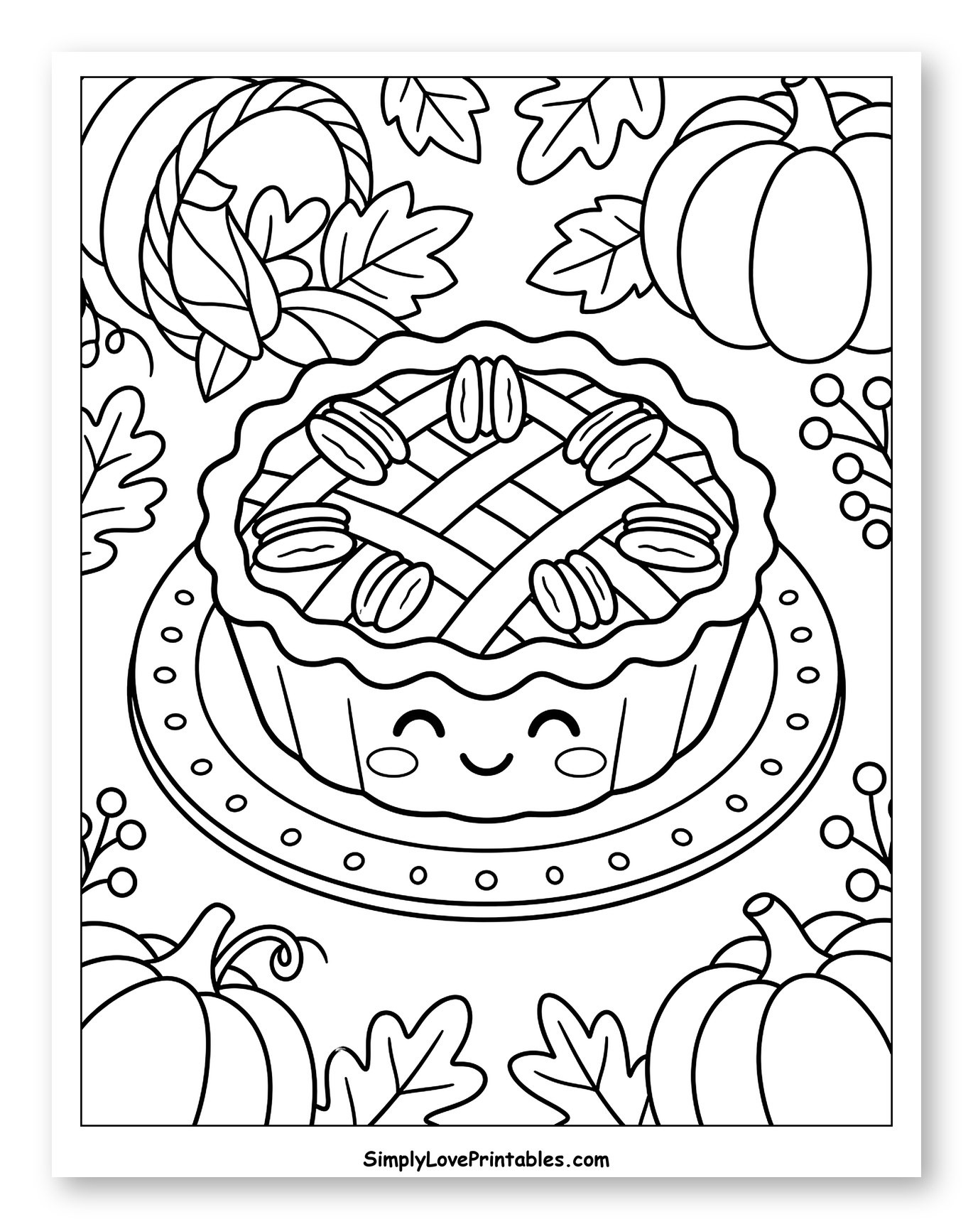 Cute Smiling Thanksgiving Pie with Autumn Harvest Coloring Sheet for Kids