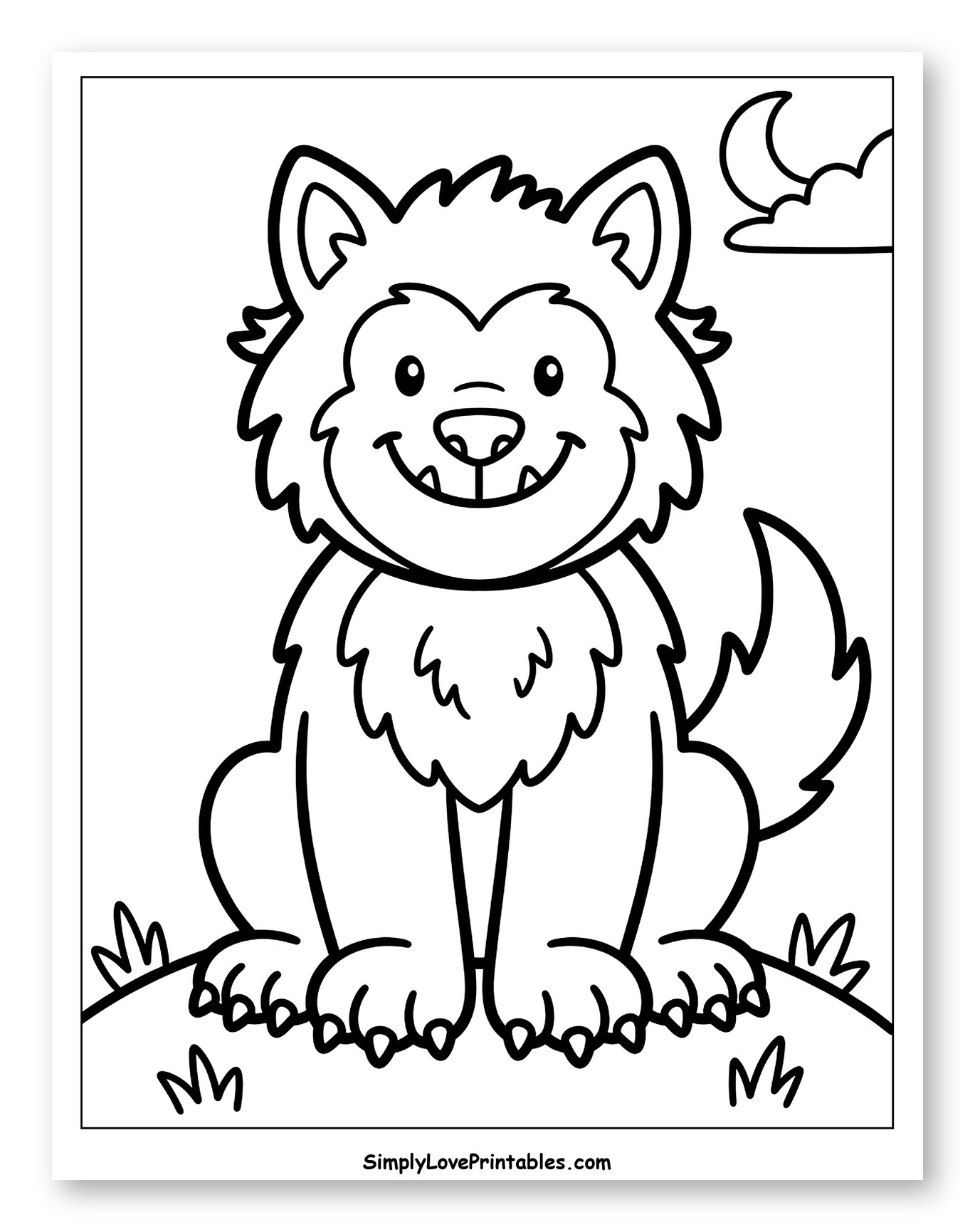 Cute Smiling Werewolf Sitting on Grass Coloring Sheet for Toddlers
