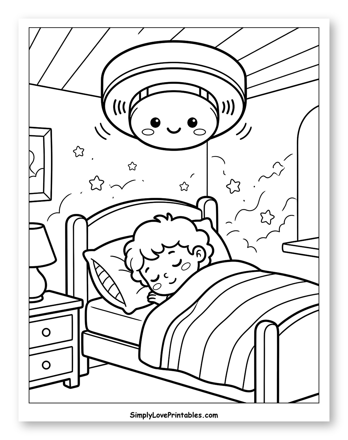 Cute Smoke Detector Above Sleeping Child Coloring Sheet for Kids